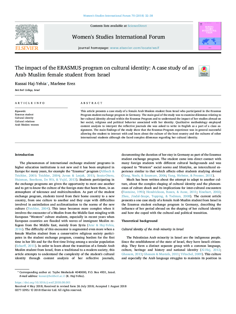 The impact of the ERASMUS program on cultural identity: A case study of an Arab Muslim female student from Israel
