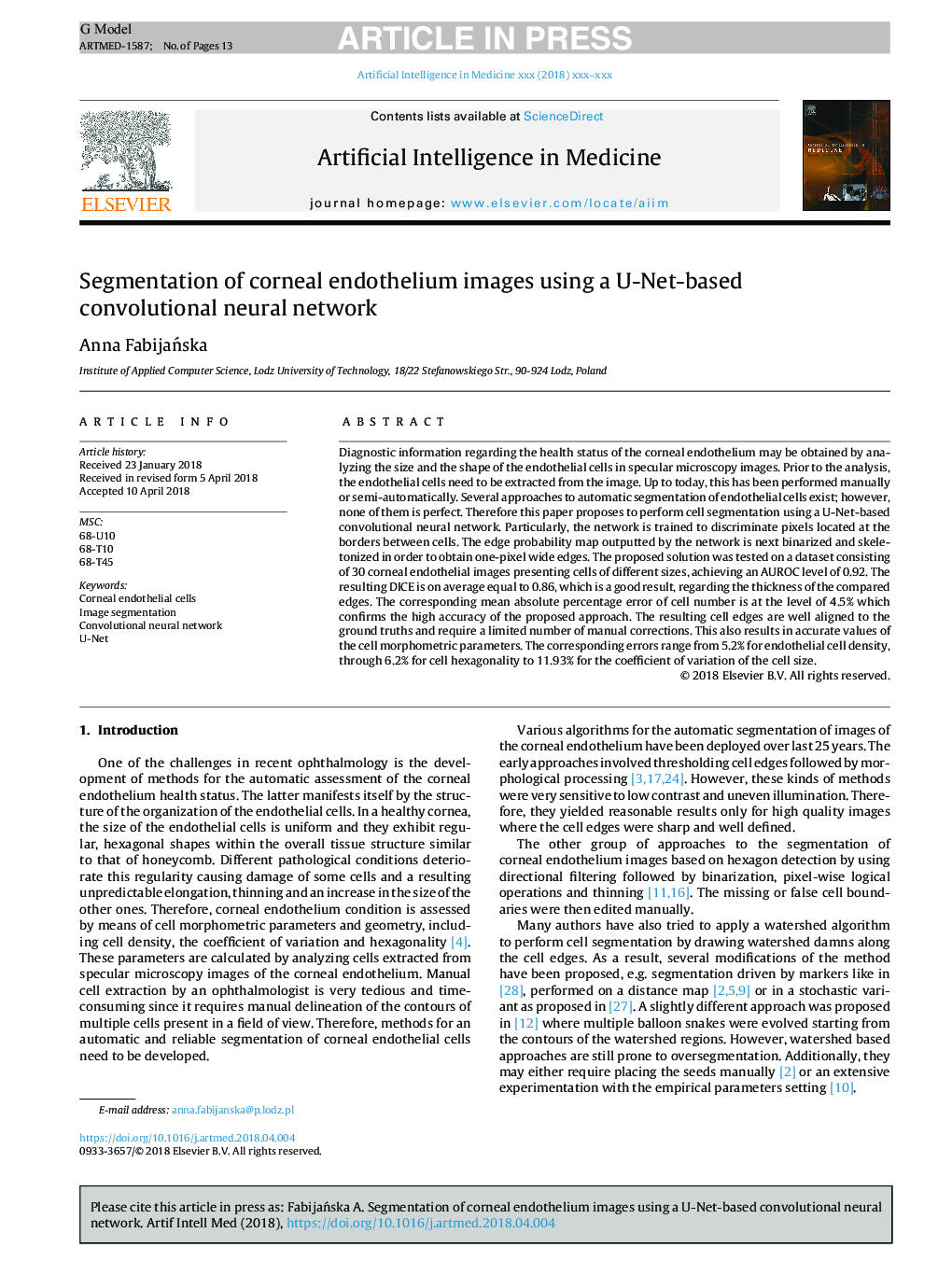 Segmentation of corneal endothelium images using a U-Net-based convolutional neural network