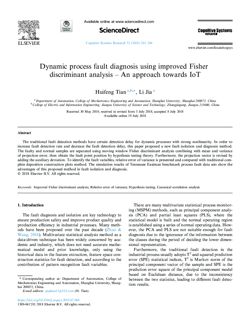 Dynamic process fault diagnosis using improved Fisher discriminant analysis - An approach towards IoT