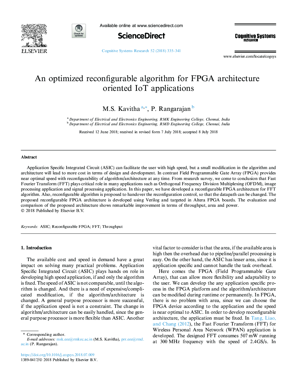 An optimized reconfigurable algorithm for FPGA architecture oriented IoT applications