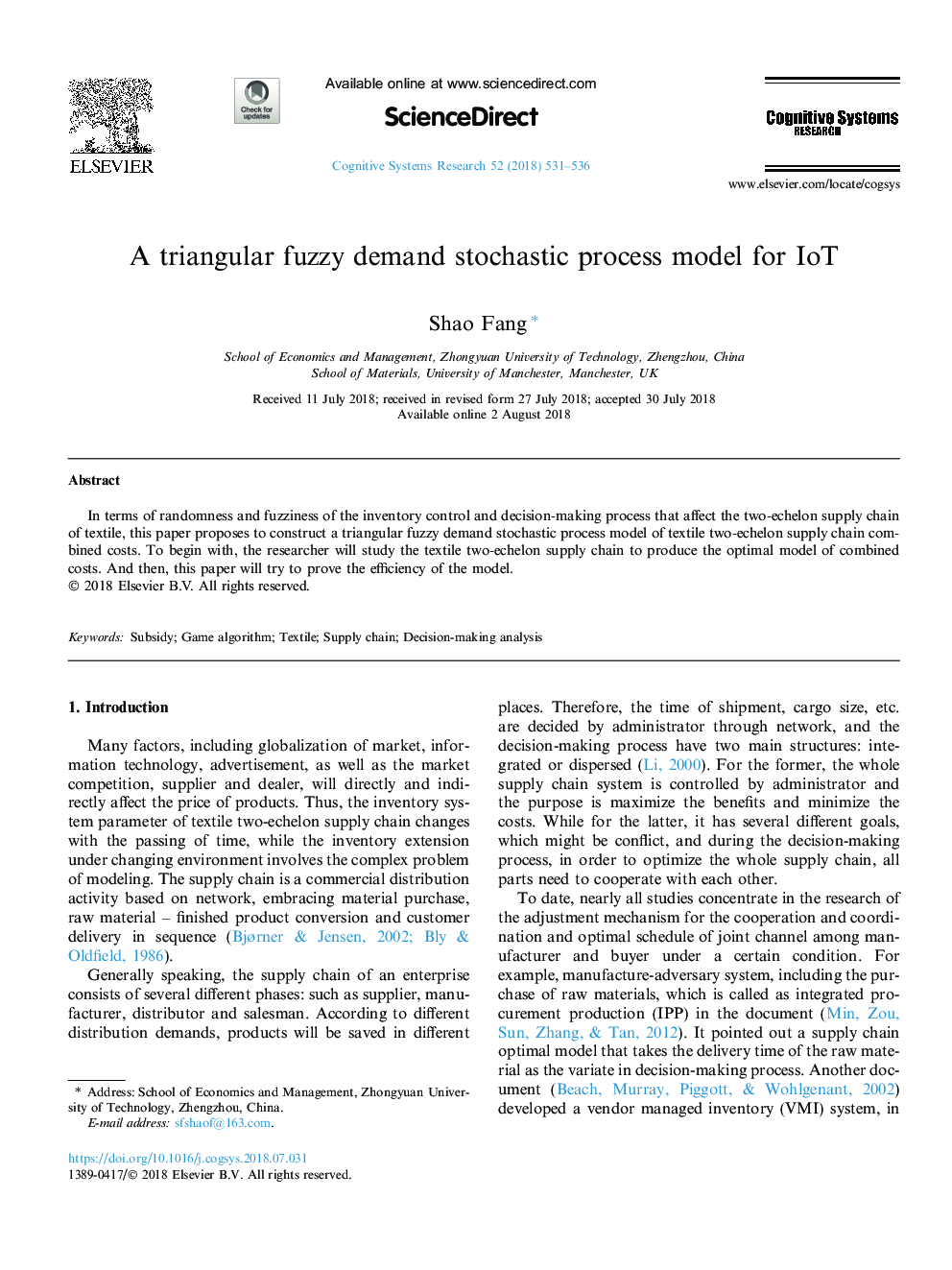 A triangular fuzzy demand stochastic process model for IoT