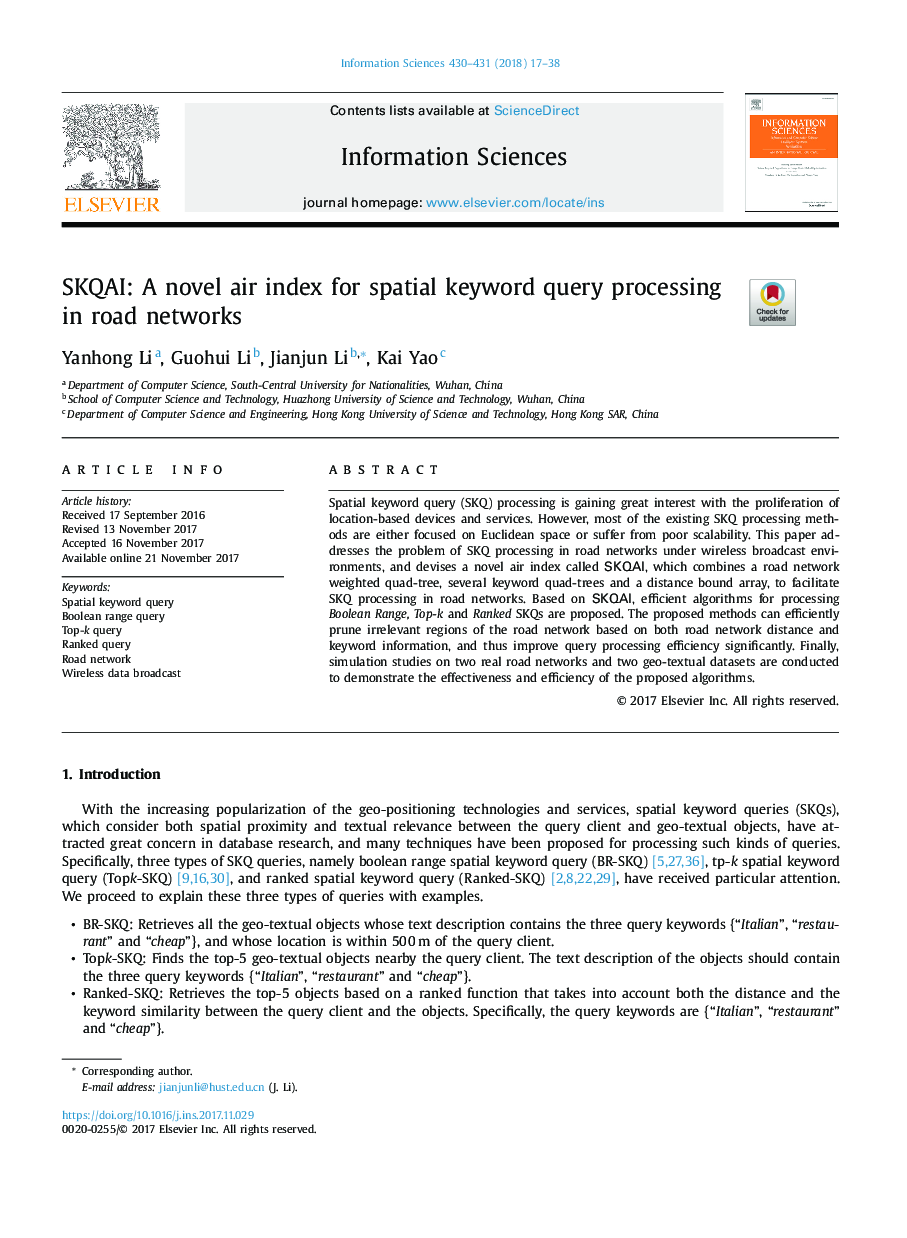 SKQAI: A novel air index for spatial keyword query processing in road networks