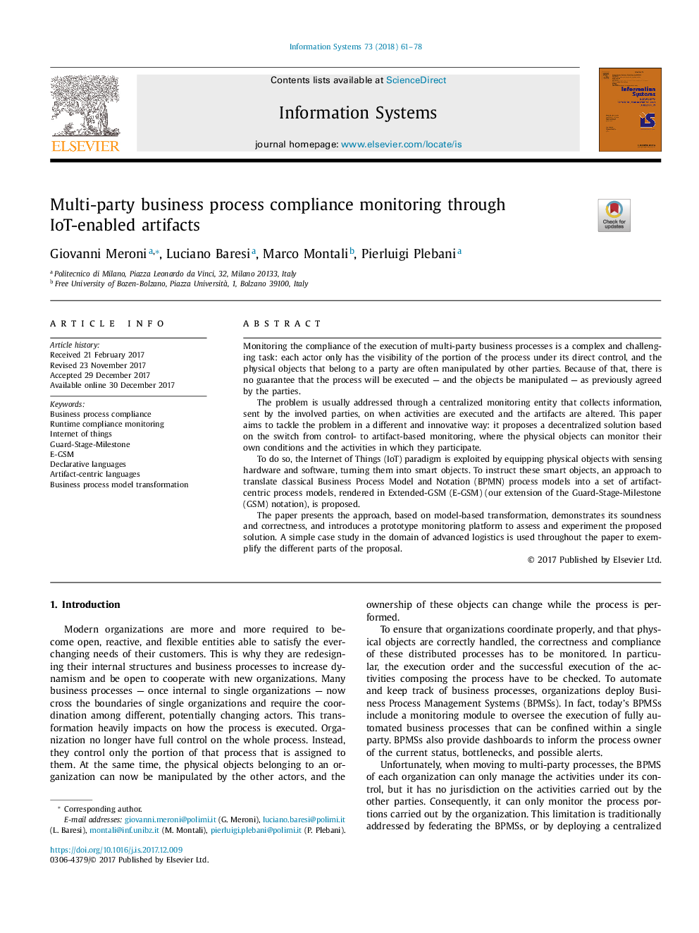 Multi-party business process compliance monitoring through IoT-enabled artifacts