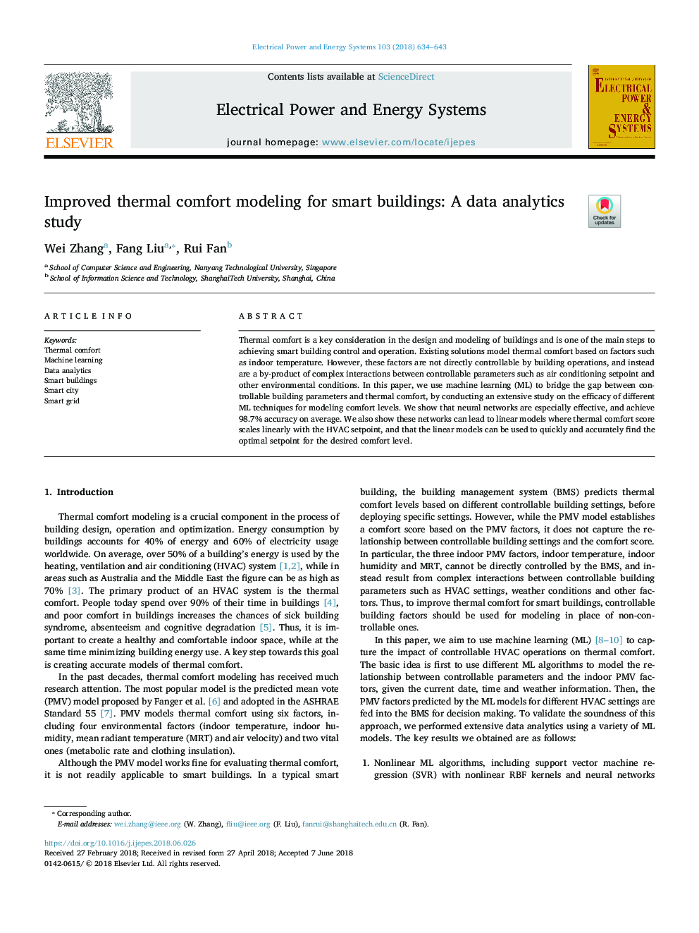 مدلسازی راحتی حرارتی برای ساختمان های هوشمند بهبود یافته: یک مطالعه تحلیلی داده ها 