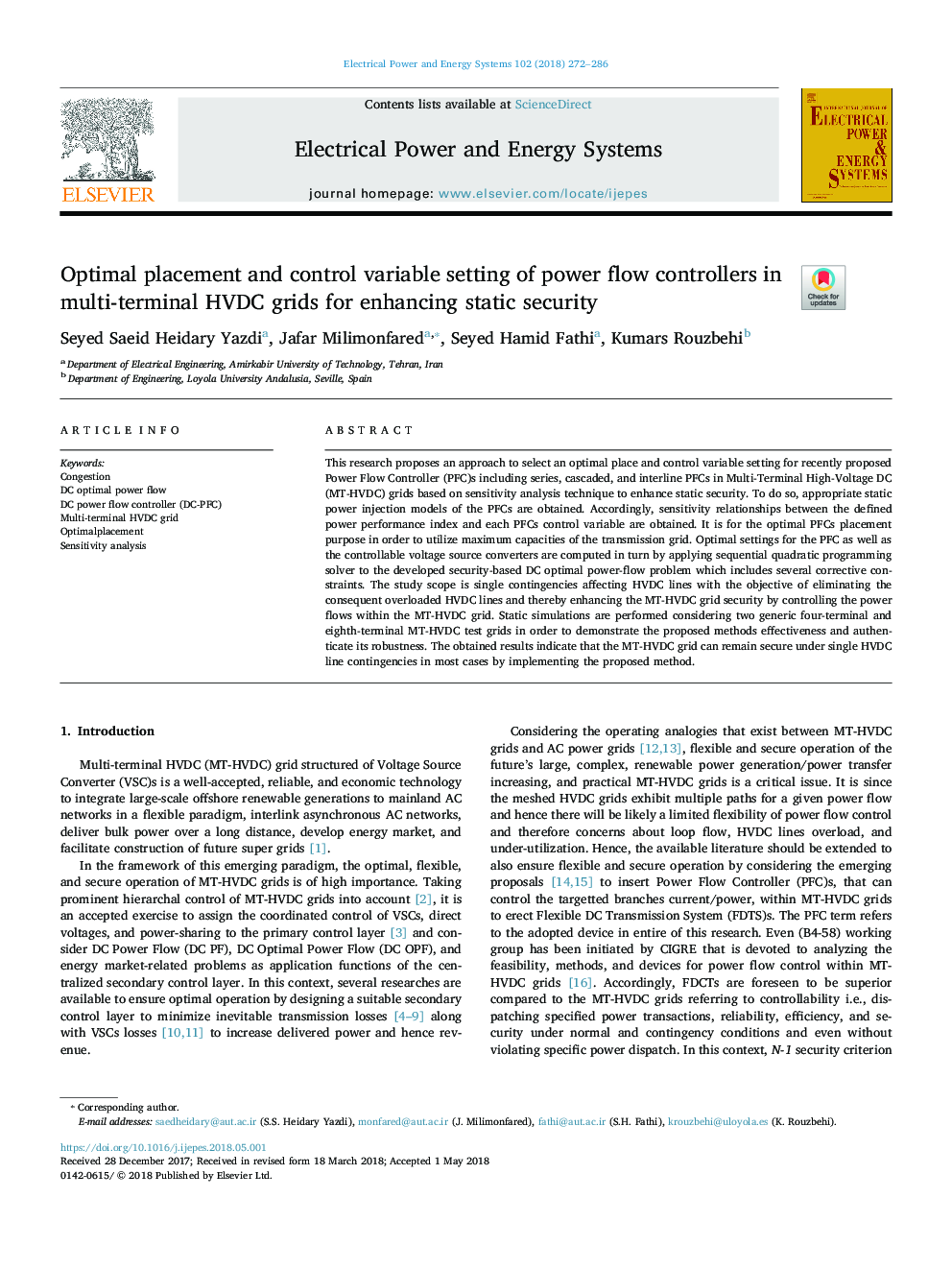 Optimal placement and control variable setting of power flow controllers in multi-terminal HVDC grids for enhancing static security
