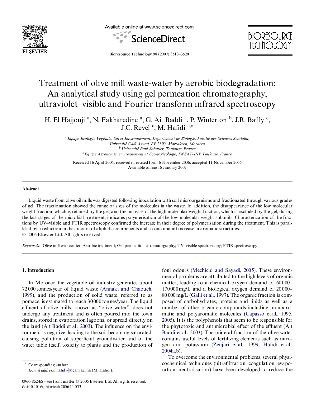 Treatment of olive mill waste-water by aerobic biodegradation: An analytical study using gel permeation chromatography, ultraviolet–visible and Fourier transform infrared spectroscopy