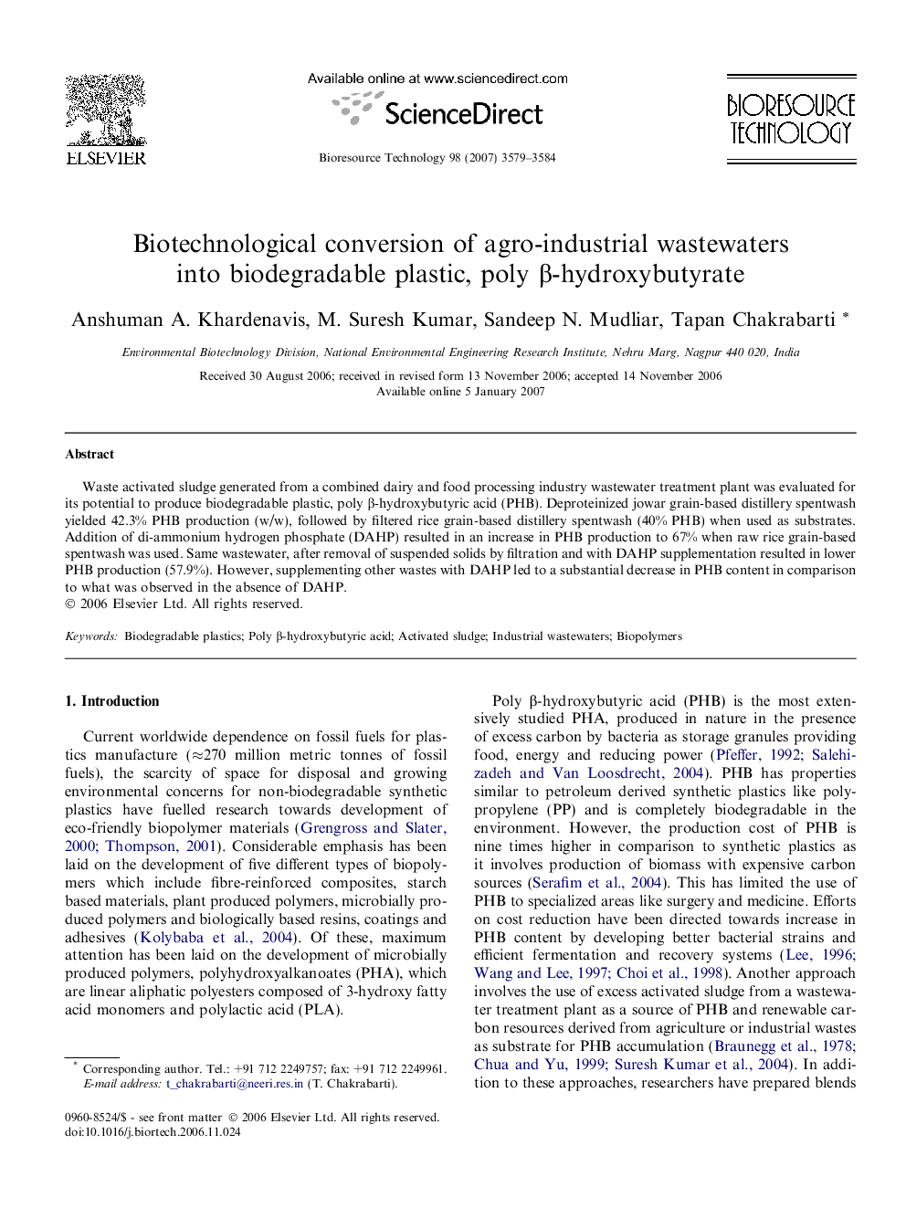 Biotechnological conversion of agro-industrial wastewaters into biodegradable plastic, poly β-hydroxybutyrate