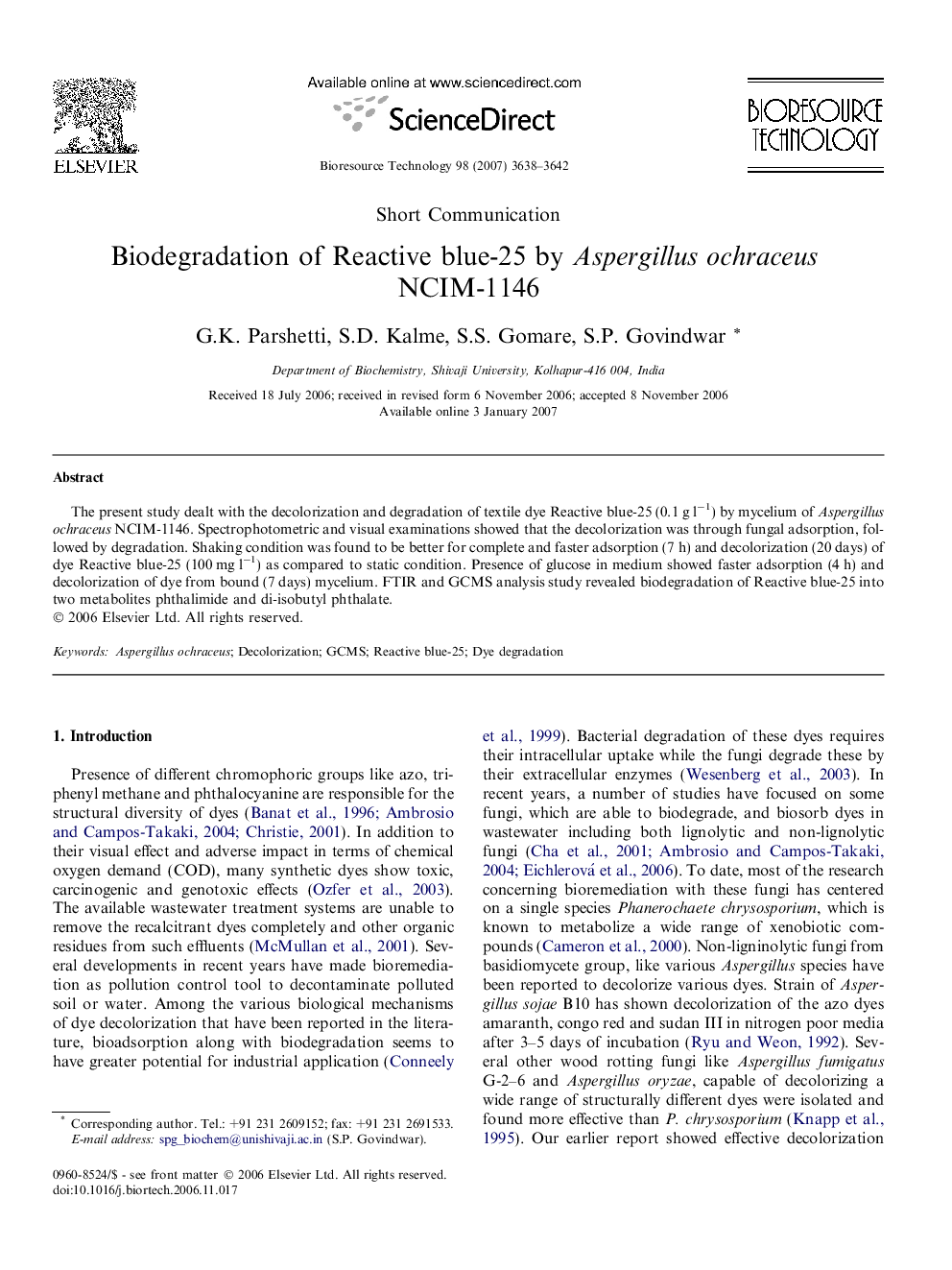 Biodegradation of Reactive blue-25 by Aspergillus ochraceus NCIM-1146