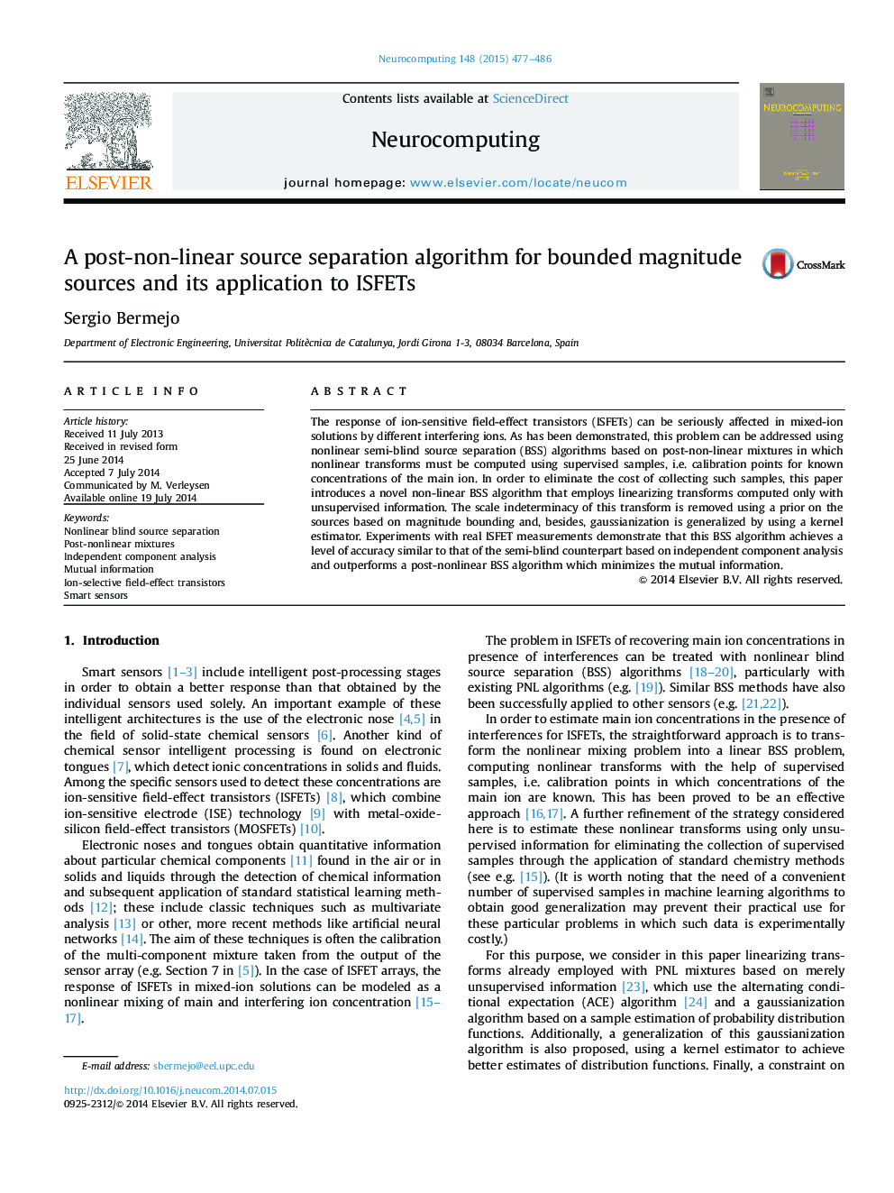 A post-non-linear source separation algorithm for bounded magnitude sources and its application to ISFETs