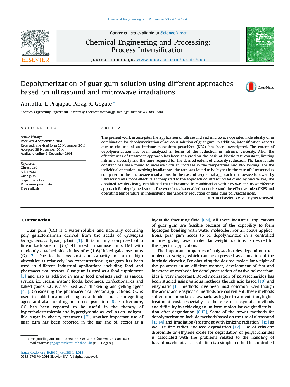 Depolymerization of guar gum solution using different approaches based on ultrasound and microwave irradiations