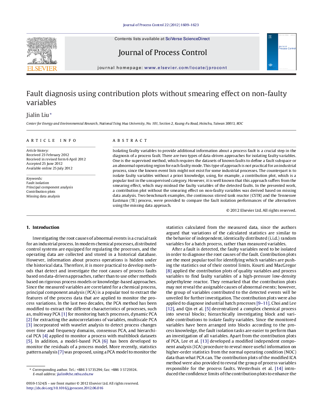 Fault diagnosis using contribution plots without smearing effect on non-faulty variables