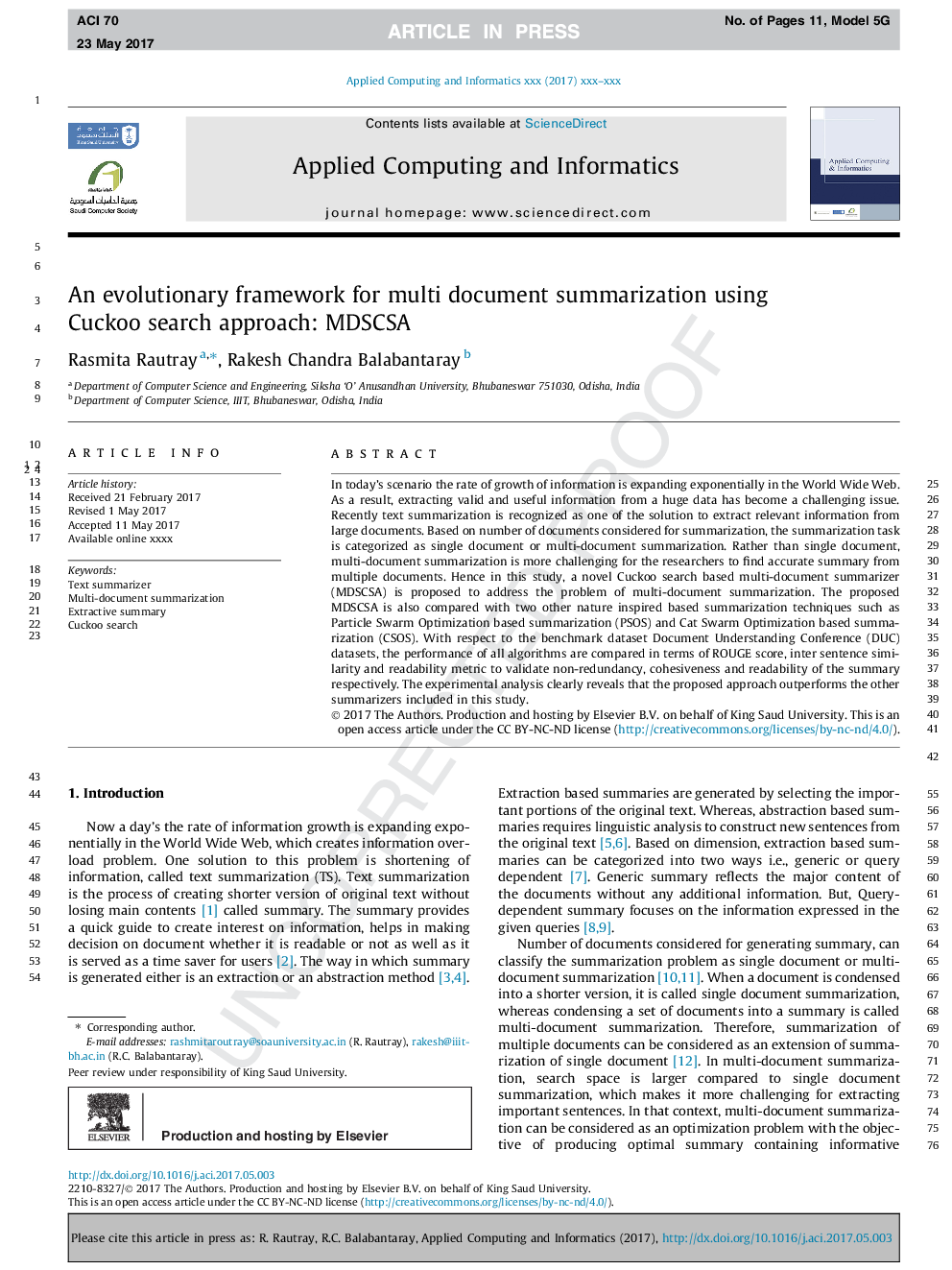 An evolutionary framework for multi document summarization using Cuckoo search approach: MDSCSA