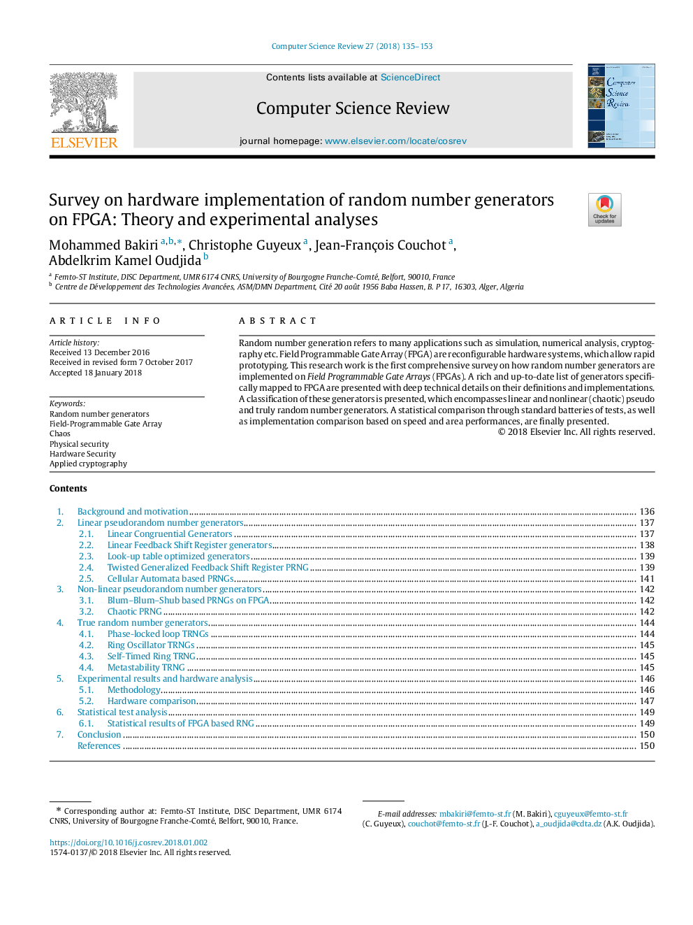 Survey on hardware implementation of random number generators on FPGA: Theory and experimental analyses