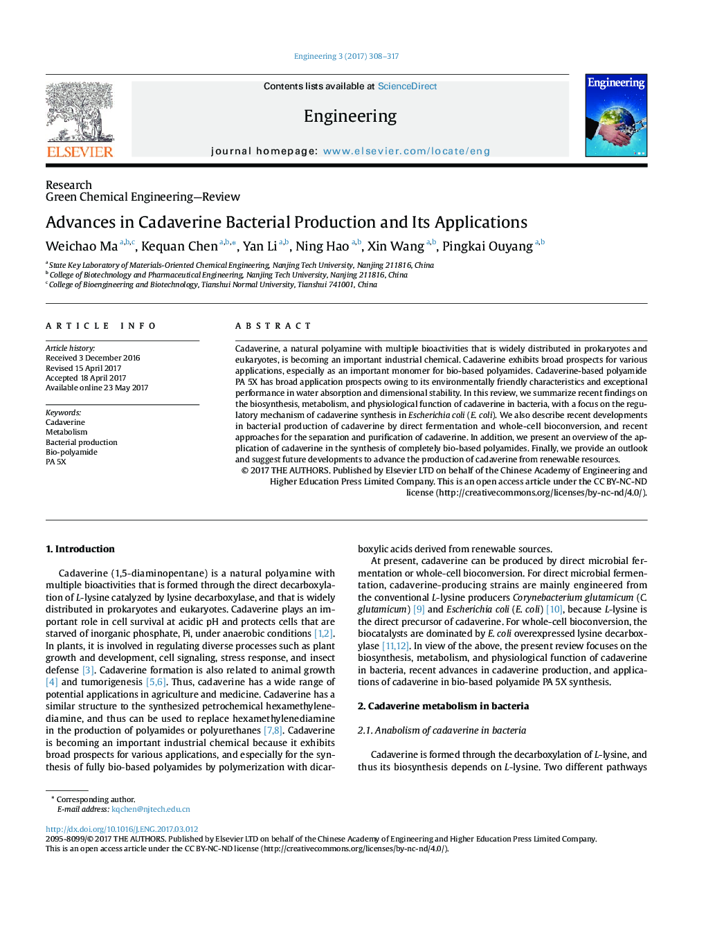 Advances in Cadaverine Bacterial Production and Its Applications