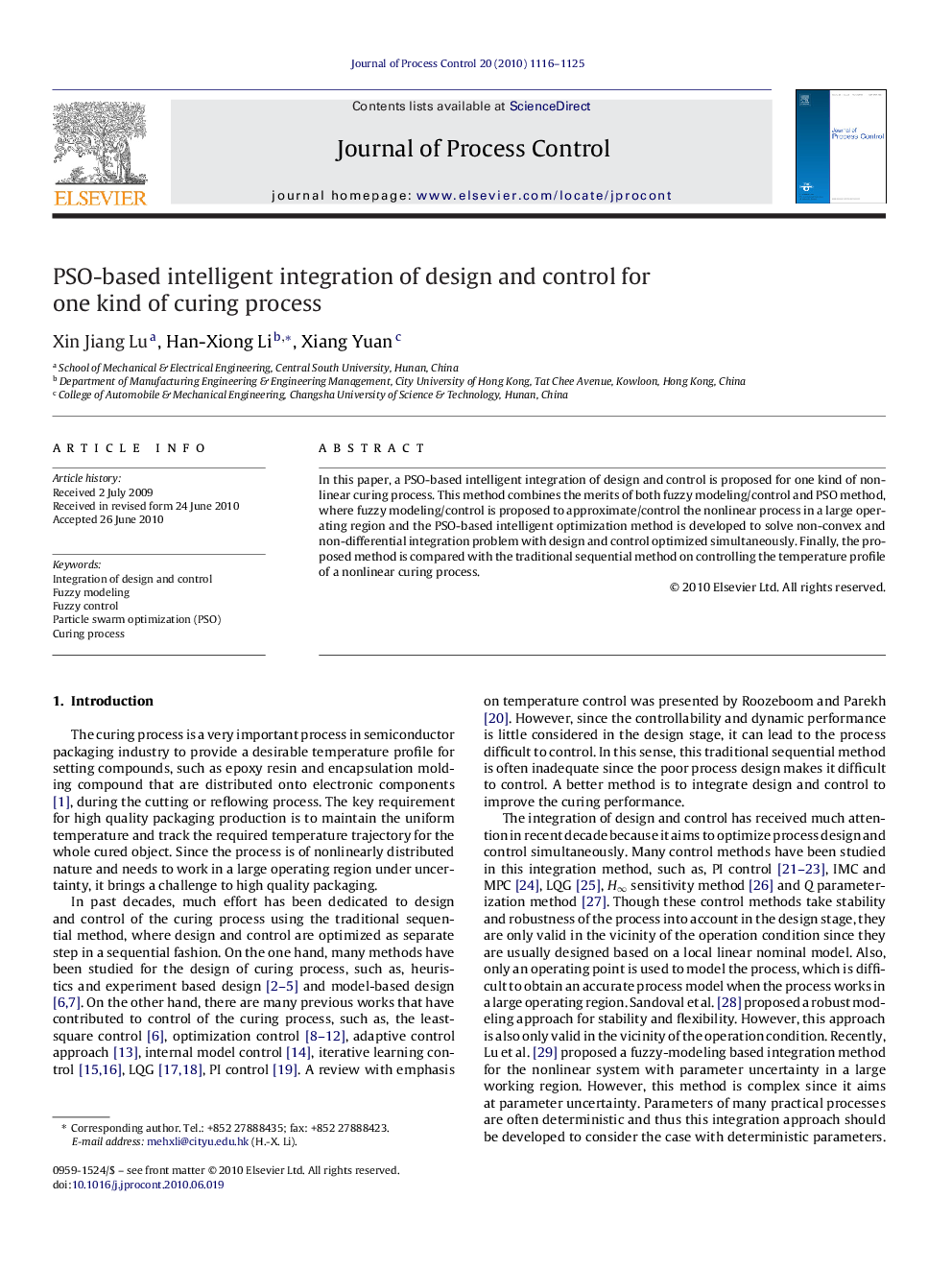 PSO-based intelligent integration of design and control for one kind of curing process