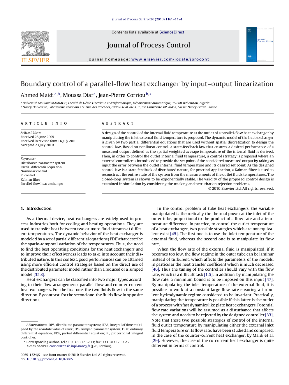 Boundary control of a parallel-flow heat exchanger by input–output linearization