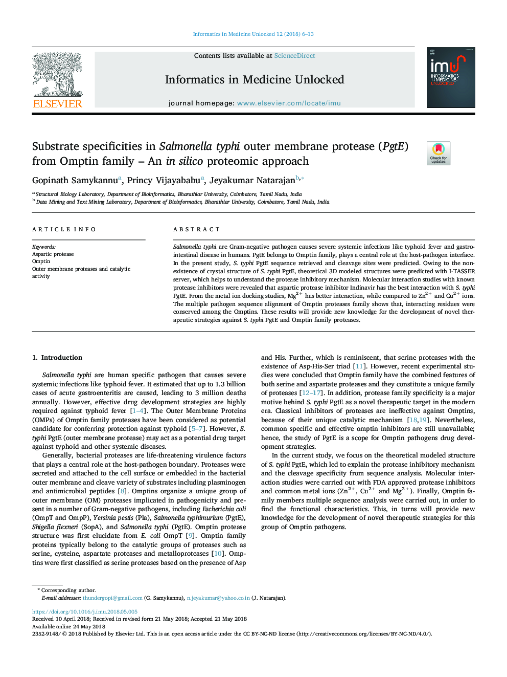 Substrate specificities in Salmonella typhi outer membrane protease (PgtE) from Omptin family - An in silico proteomic approach