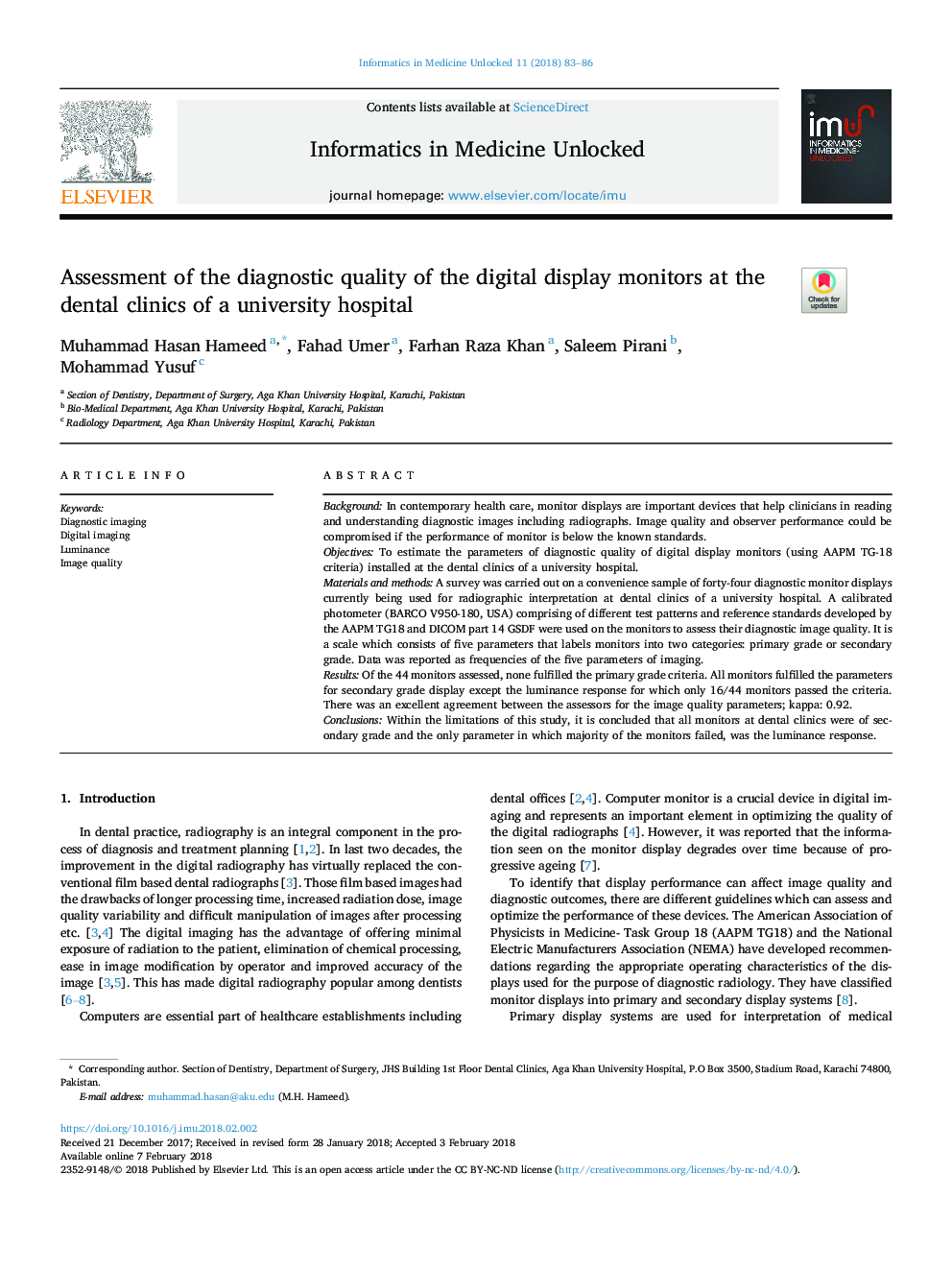 ارزیابی کیفیت تشخیصی مانیتورهای صفحه نمایش دیجیتال در کلینیک های دندان پزشکی بیمارستان دانشگاه 