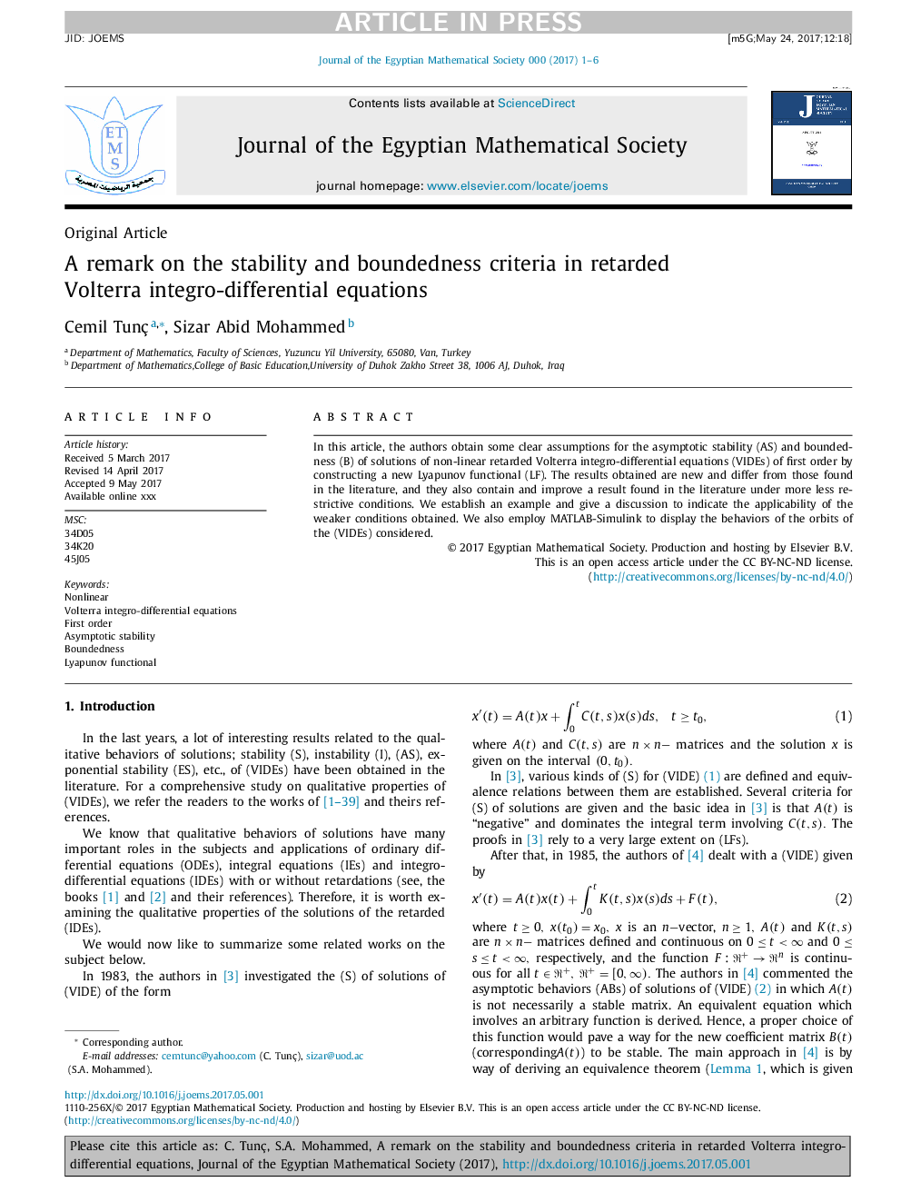 A remark on the stability and boundedness criteria in retarded Volterra integro-differential equations