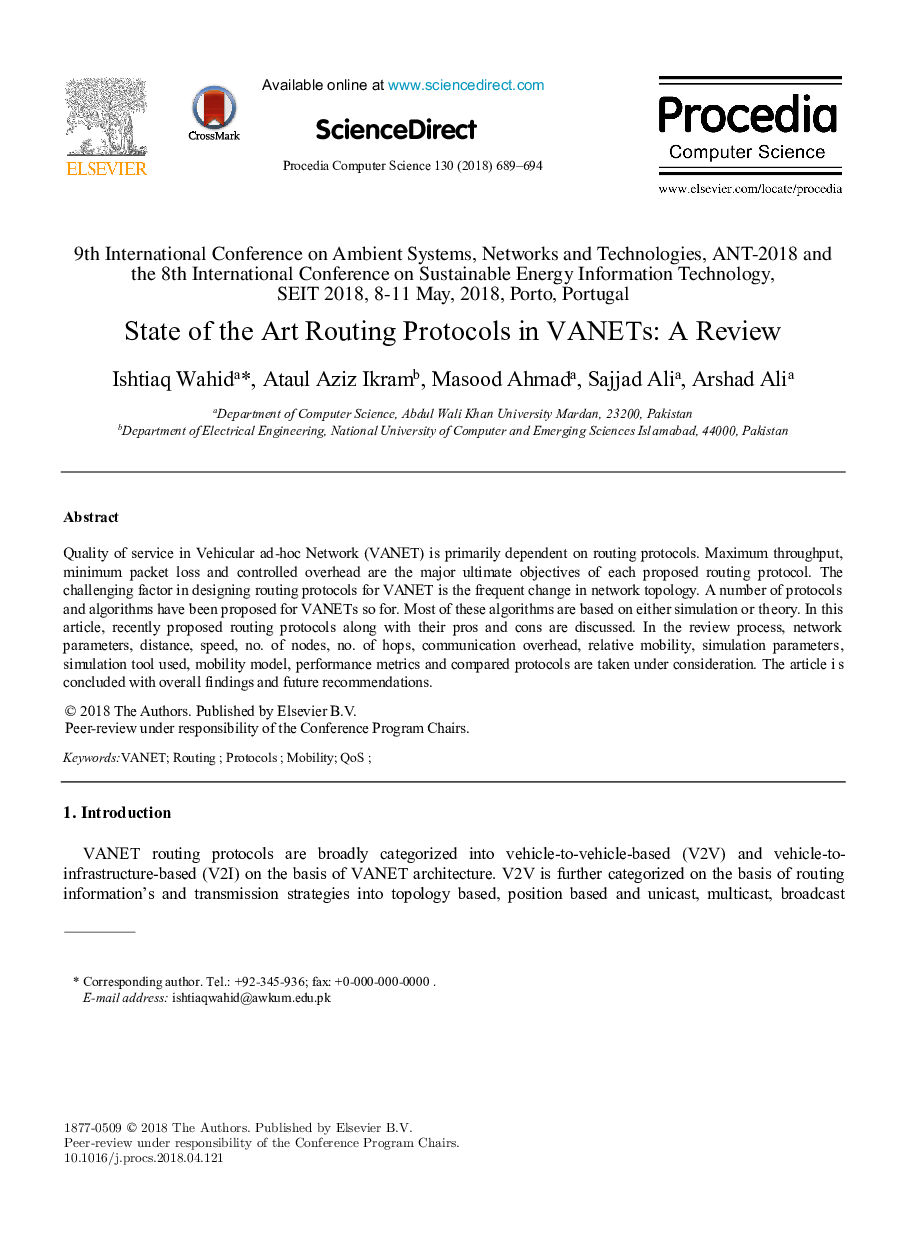 State of the Art Routing Protocols in VANETs: A Review