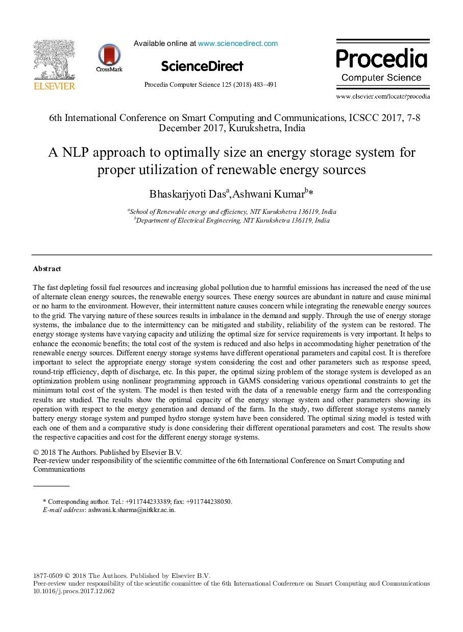 A NLP approach to optimally size an energy storage system for proper utilization of renewable energy sources