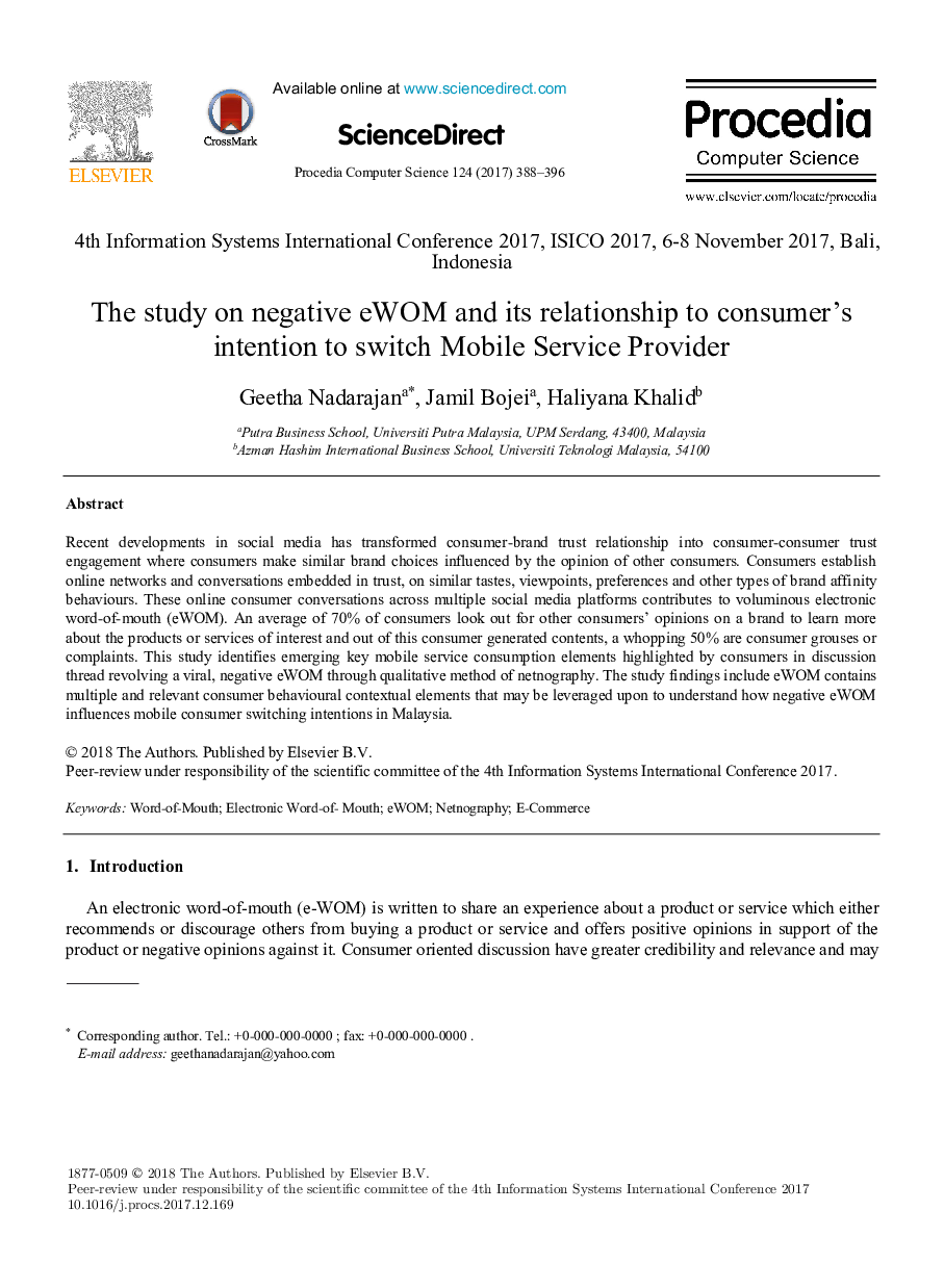 The study on negative eWOM and its relationship to consumer's intention to switch Mobile Service Provider