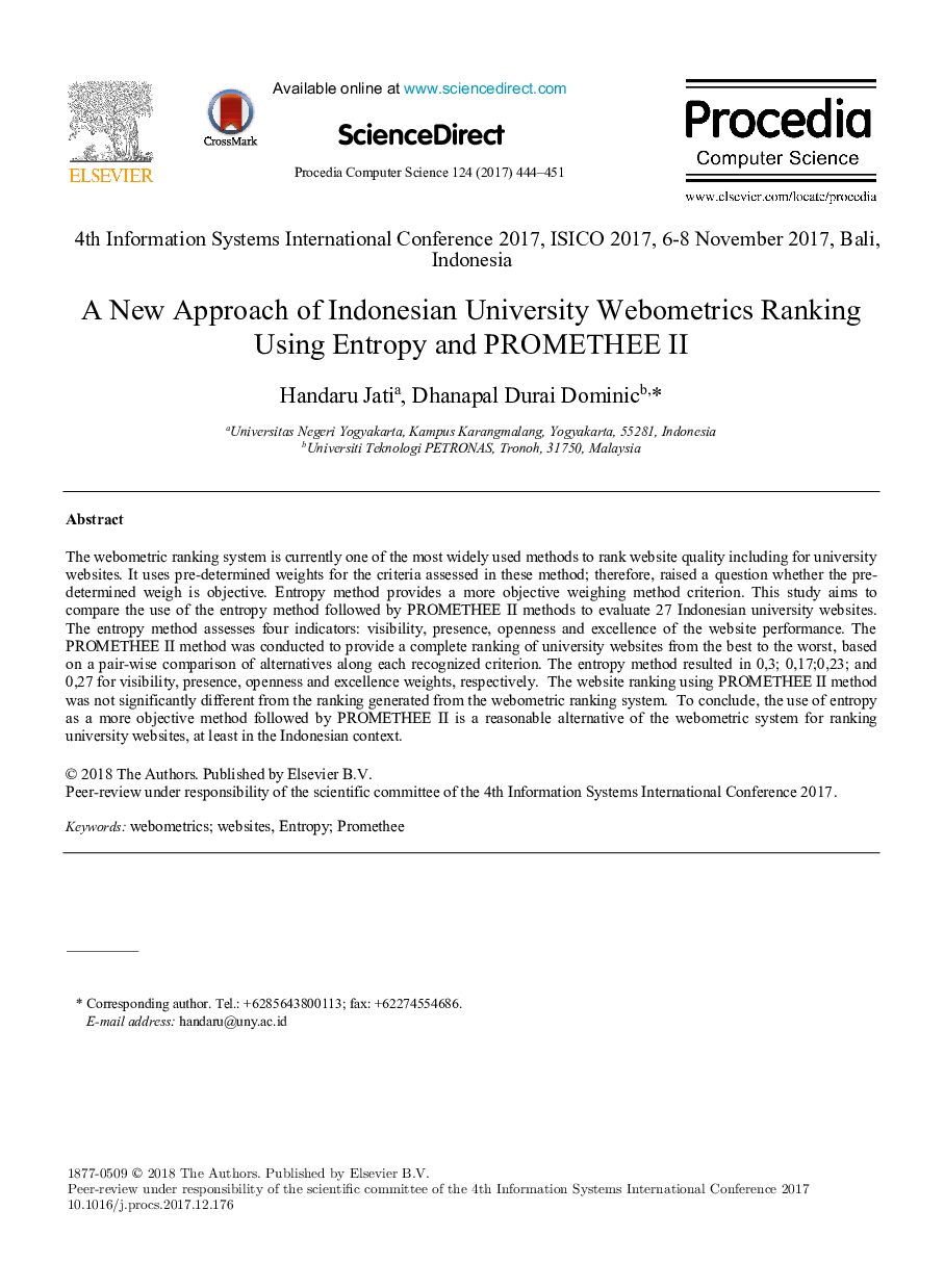 A New Approach of Indonesian University Webometrics Ranking Using Entropy and PROMETHEE II