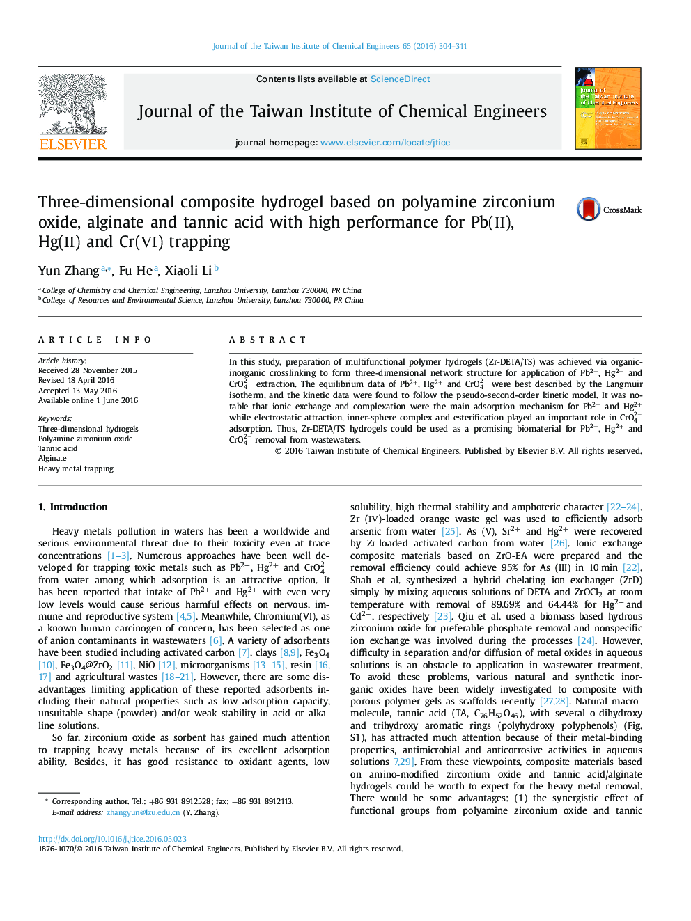 Three-dimensional composite hydrogel based on polyamine zirconium oxide, alginate and tannic acid with high performance for Pb(Ⅱ), Hg(Ⅱ) and Cr(Ⅵ) trapping