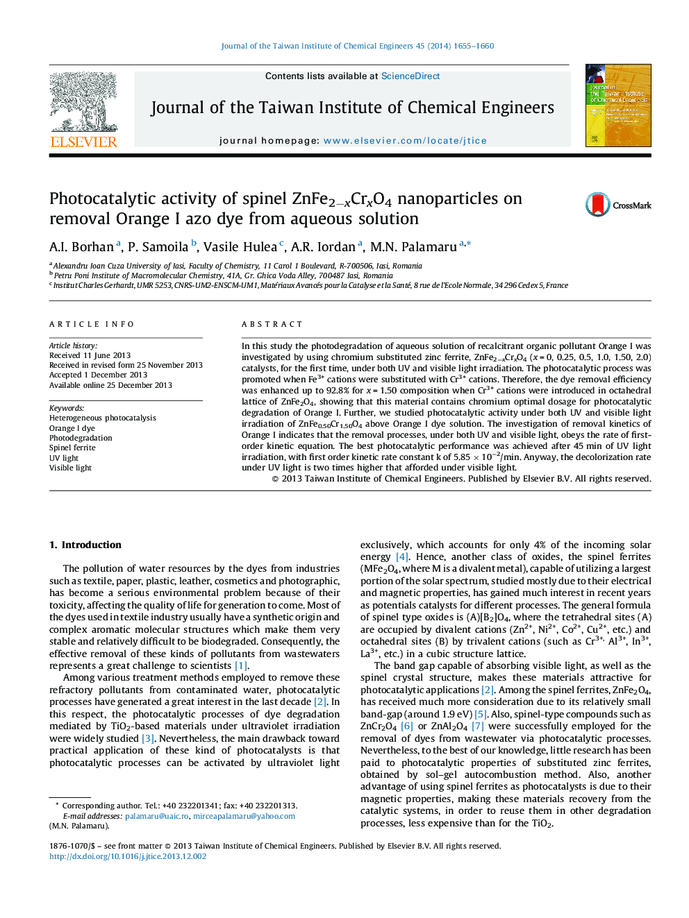 Photocatalytic activity of spinel ZnFe2−xCrxO4 nanoparticles on removal Orange I azo dye from aqueous solution