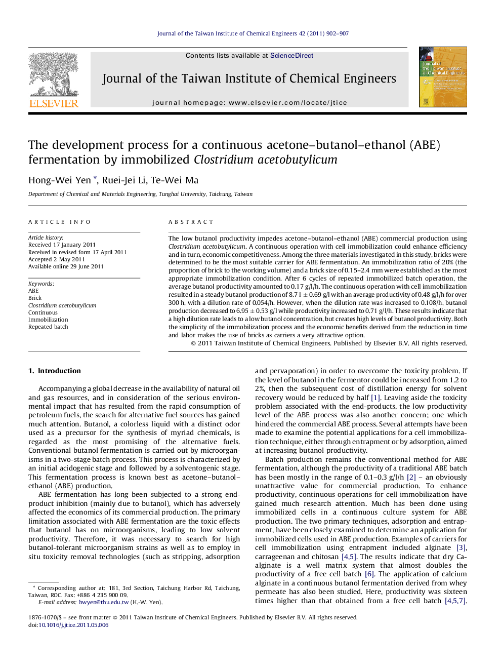 The development process for a continuous acetone–butanol–ethanol (ABE) fermentation by immobilized Clostridium acetobutylicum