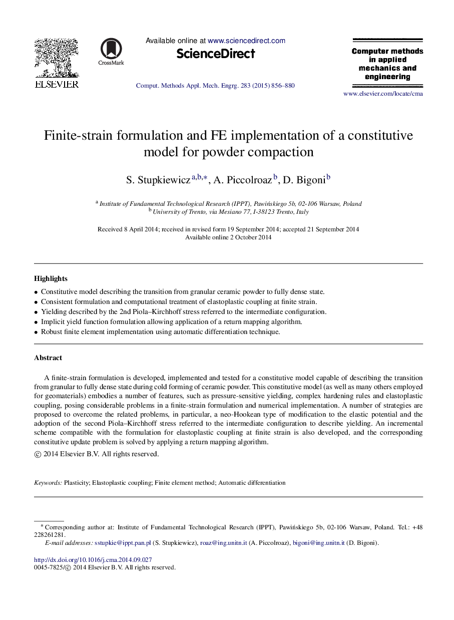 Finite-strain formulation and FE implementation of a constitutive model for powder compaction