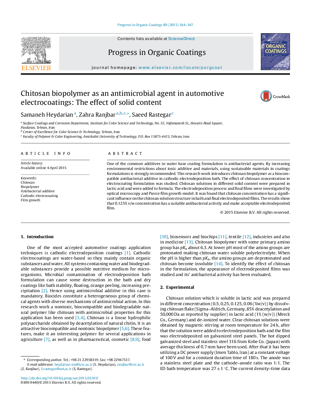 Chitosan biopolymer as an antimicrobial agent in automotive electrocoatings: The effect of solid content