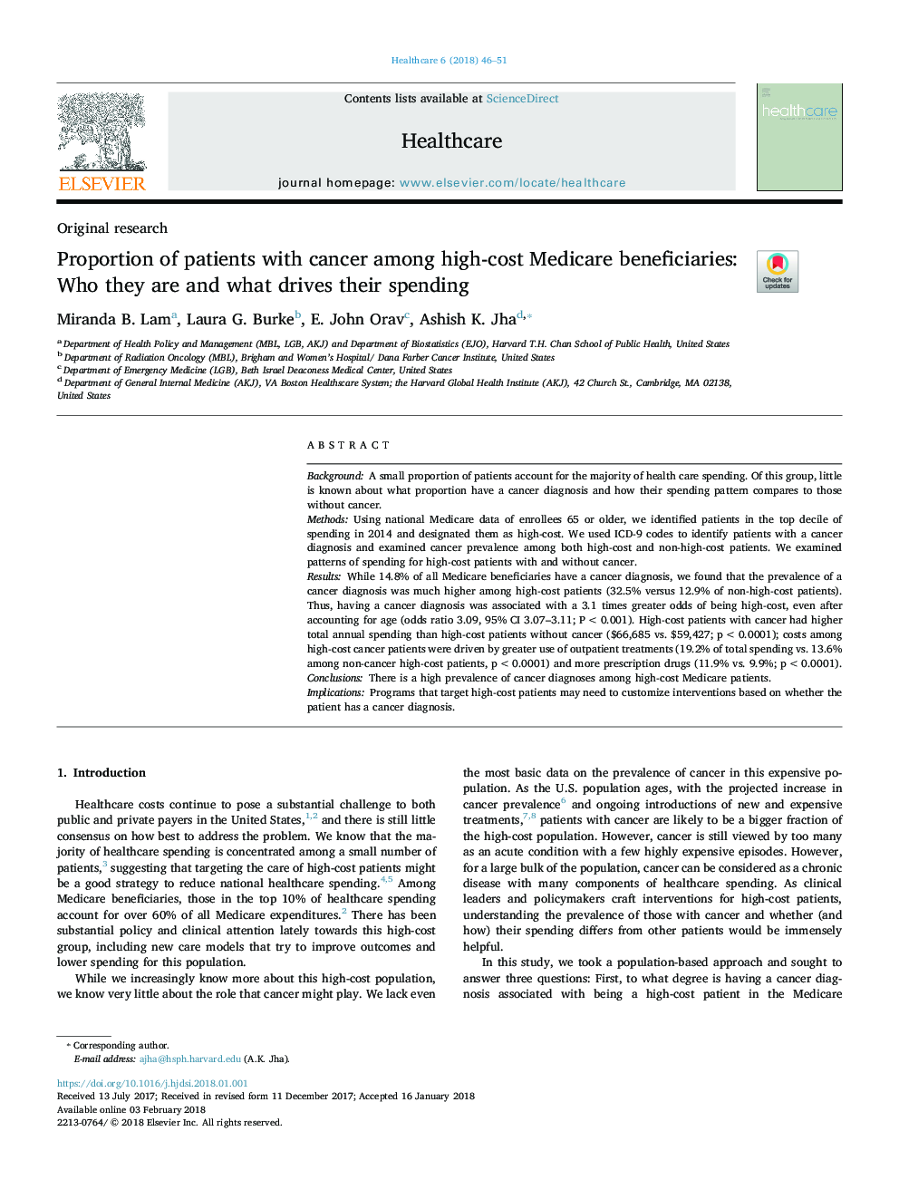 Proportion of patients with cancer among high-cost Medicare beneficiaries: Who they are and what drives their spending