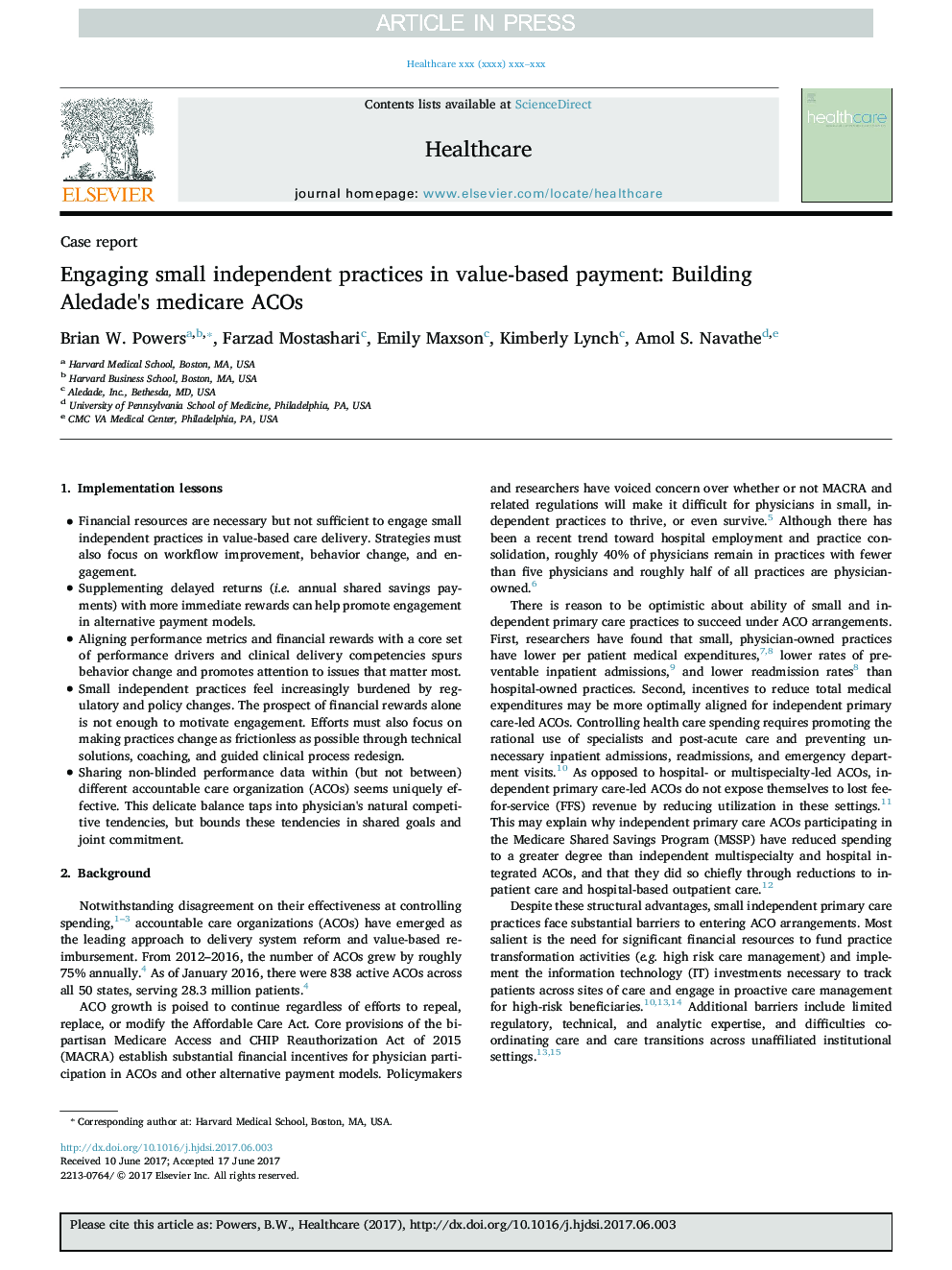 Engaging small independent practices in value-based payment: Building Aledade's medicare ACOs