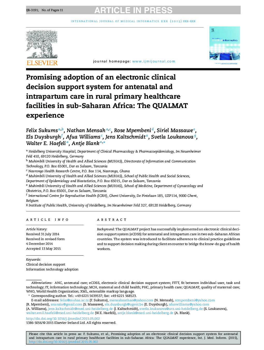 Promising adoption of an electronic clinical decision support system for antenatal and intrapartum care in rural primary healthcare facilities in sub-Saharan Africa: The QUALMAT experience