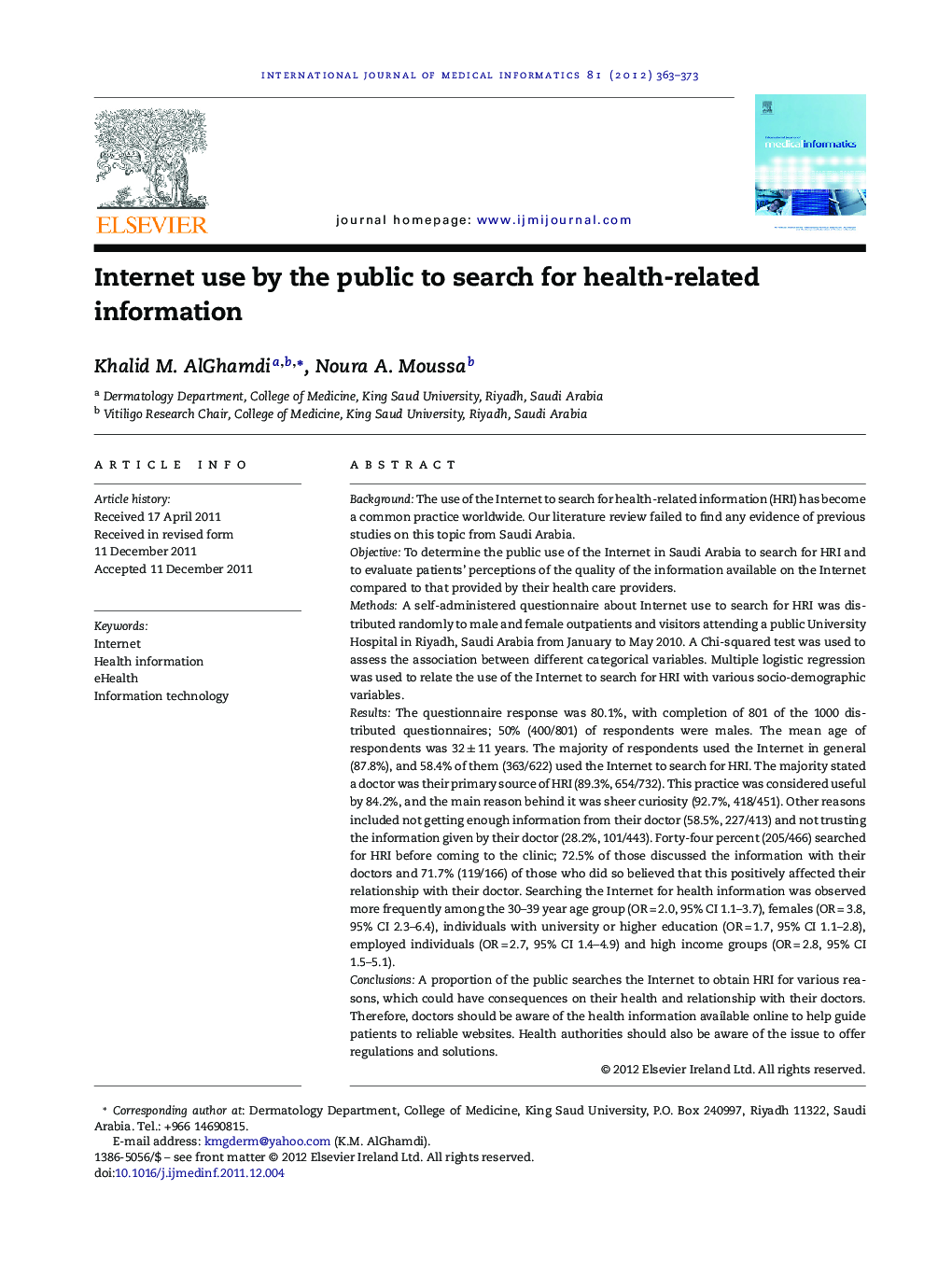 Internet use by the public to search for health-related information