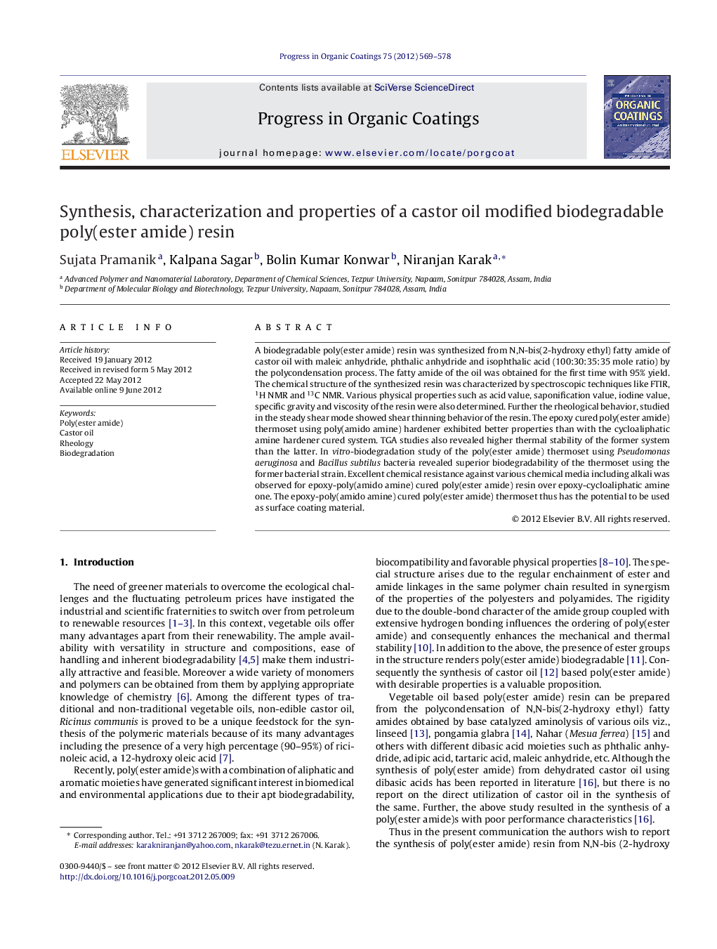 Synthesis, characterization and properties of a castor oil modified biodegradable poly(ester amide) resin