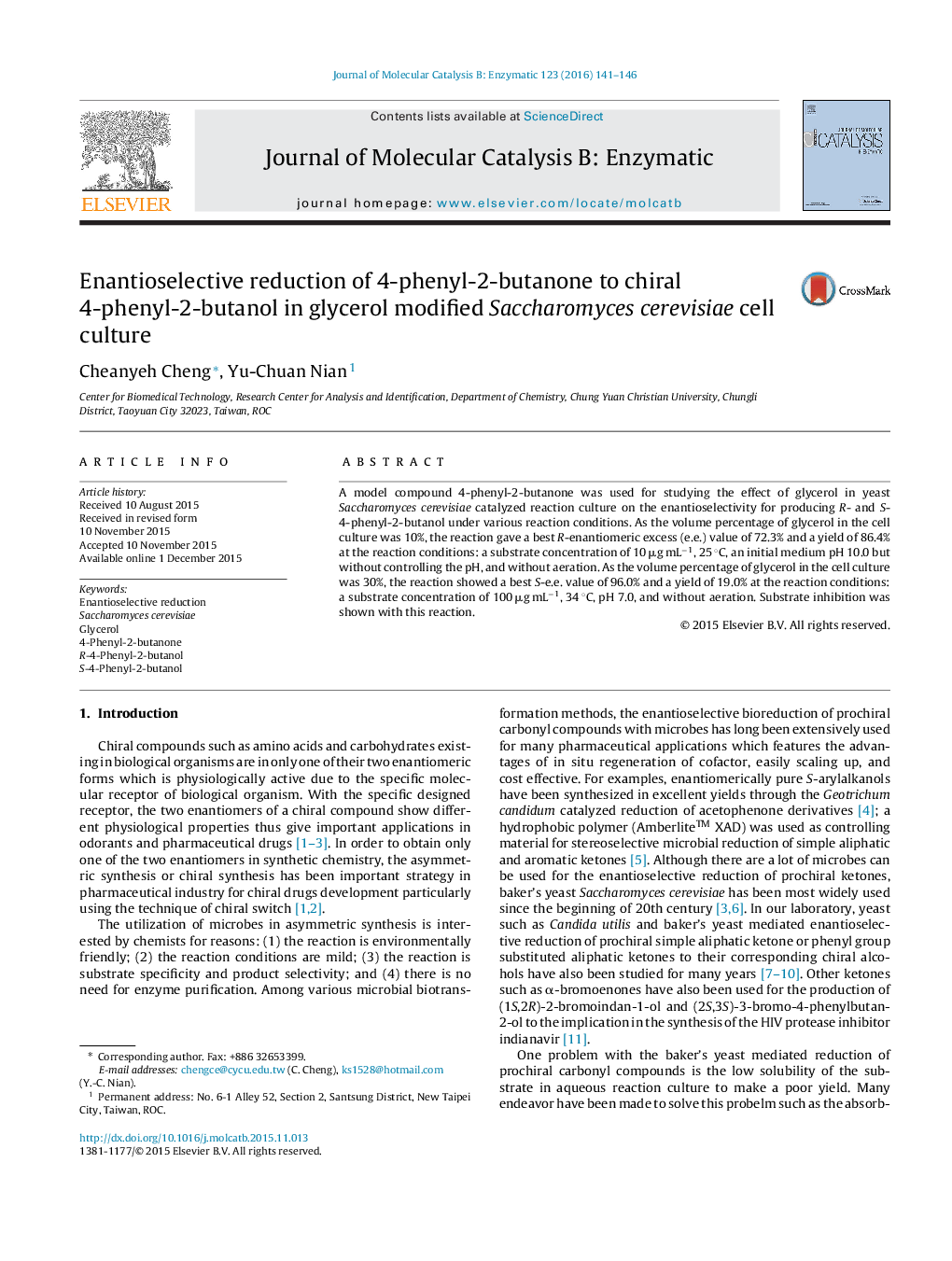 Enantioselective reduction of 4-phenyl-2-butanone to chiral 4-phenyl-2-butanol in glycerol modified Saccharomyces cerevisiae cell culture