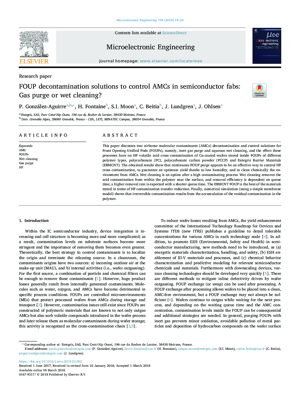 FOUP decontamination solutions to control AMCs in semiconductor fabs: Gas purge or wet cleaning?