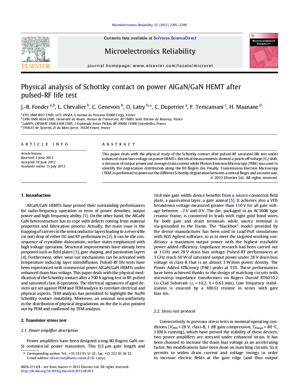 Physical analysis of Schottky contact on power AlGaN/GaN HEMT after pulsed-RF life test