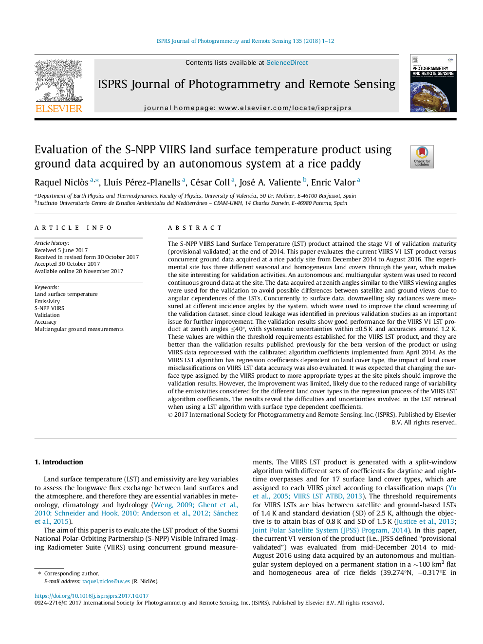 Evaluation of the S-NPP VIIRS land surface temperature product using ground data acquired by an autonomous system at a rice paddy