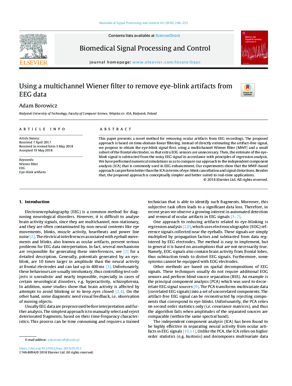 Using a multichannel Wiener filter to remove eye-blink artifacts from EEG data