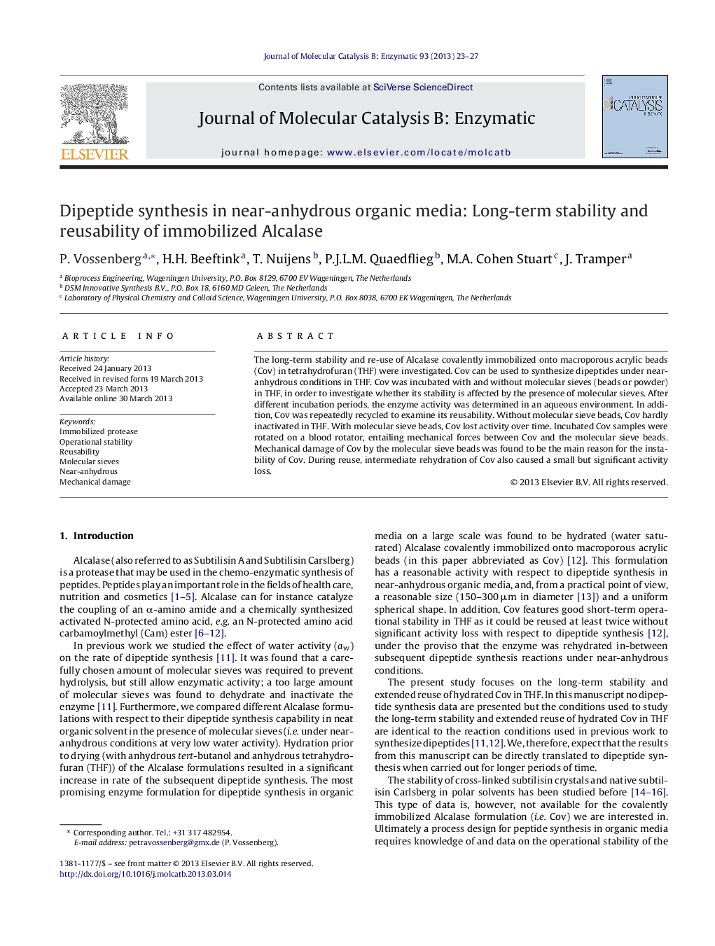 Dipeptide synthesis in near-anhydrous organic media: Long-term stability and reusability of immobilized Alcalase