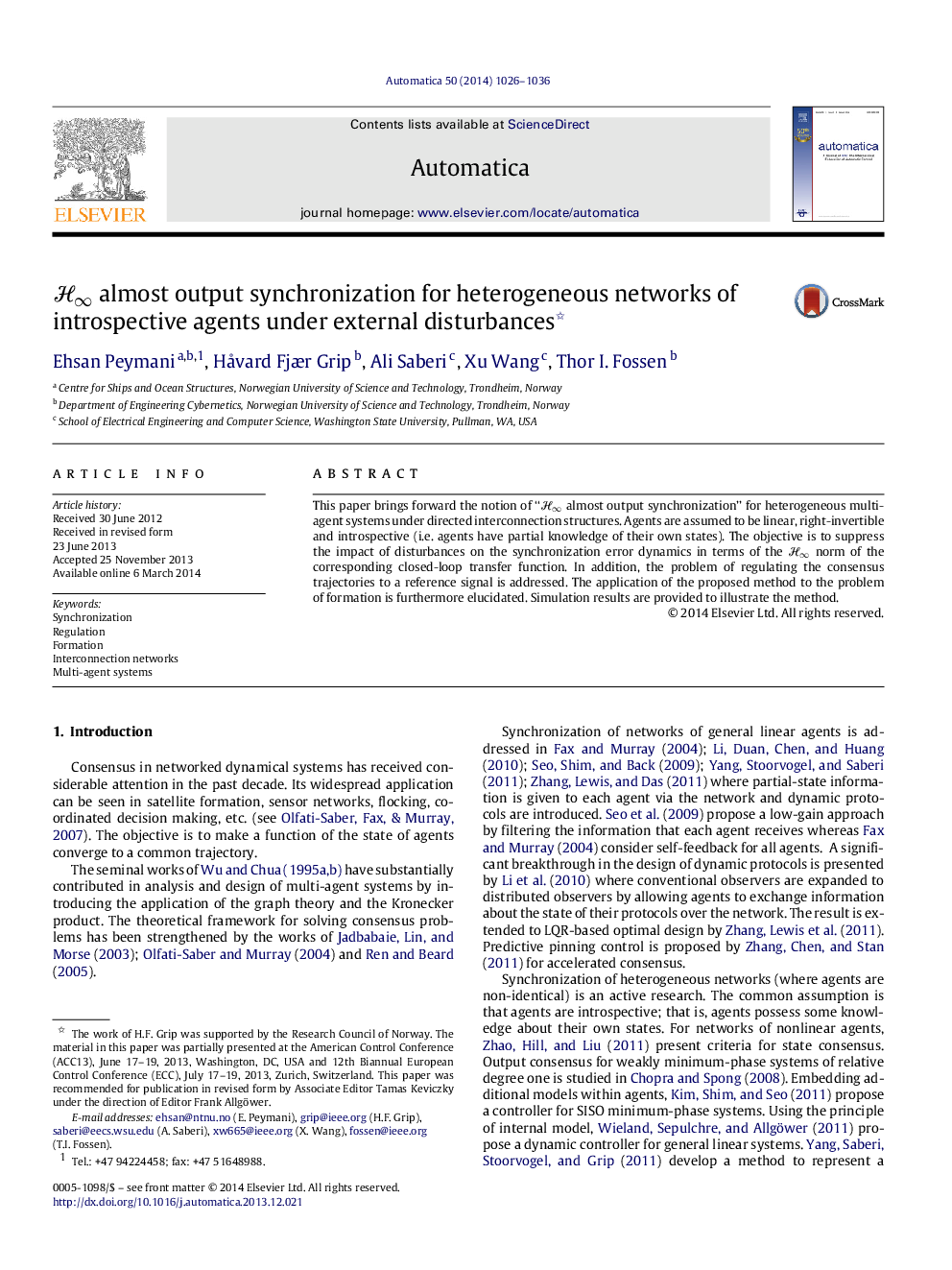 H∞H∞  almost output synchronization for heterogeneous networks of introspective agents under external disturbances 