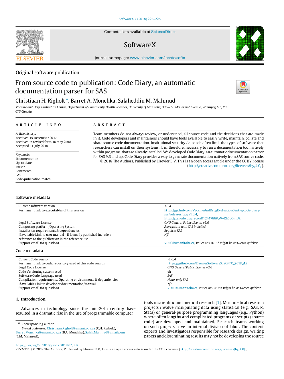 From source code to publication: Code Diary, an automatic documentation parser for SAS