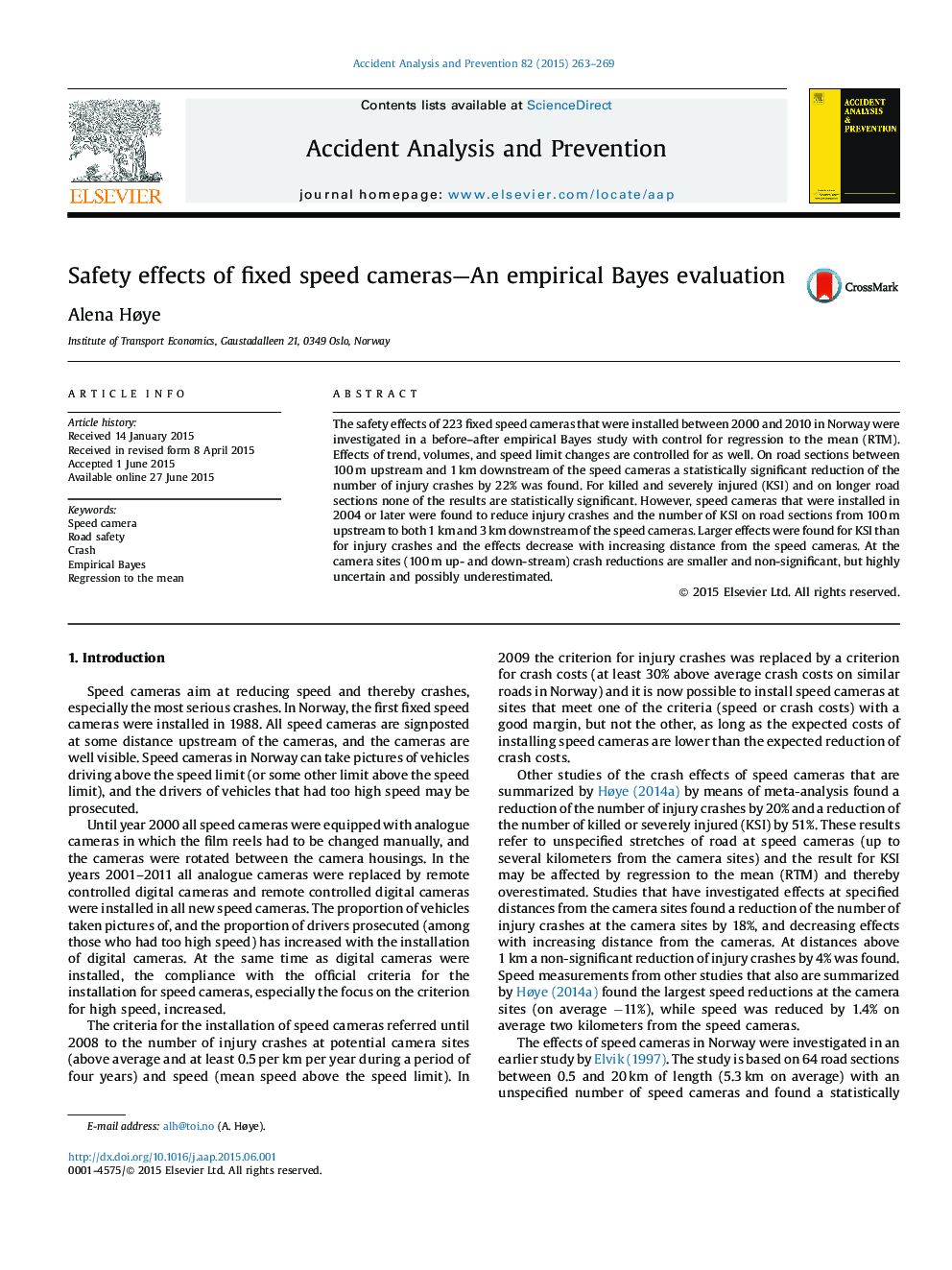 Safety effects of fixed speed cameras-An empirical Bayes evaluation