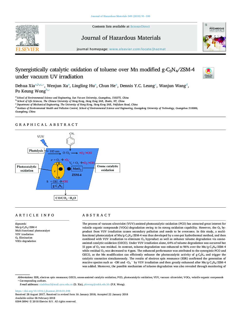 Synergistically catalytic oxidation of toluene over Mn modified g-C3N4/ZSM-4 under vacuum UV irradiation