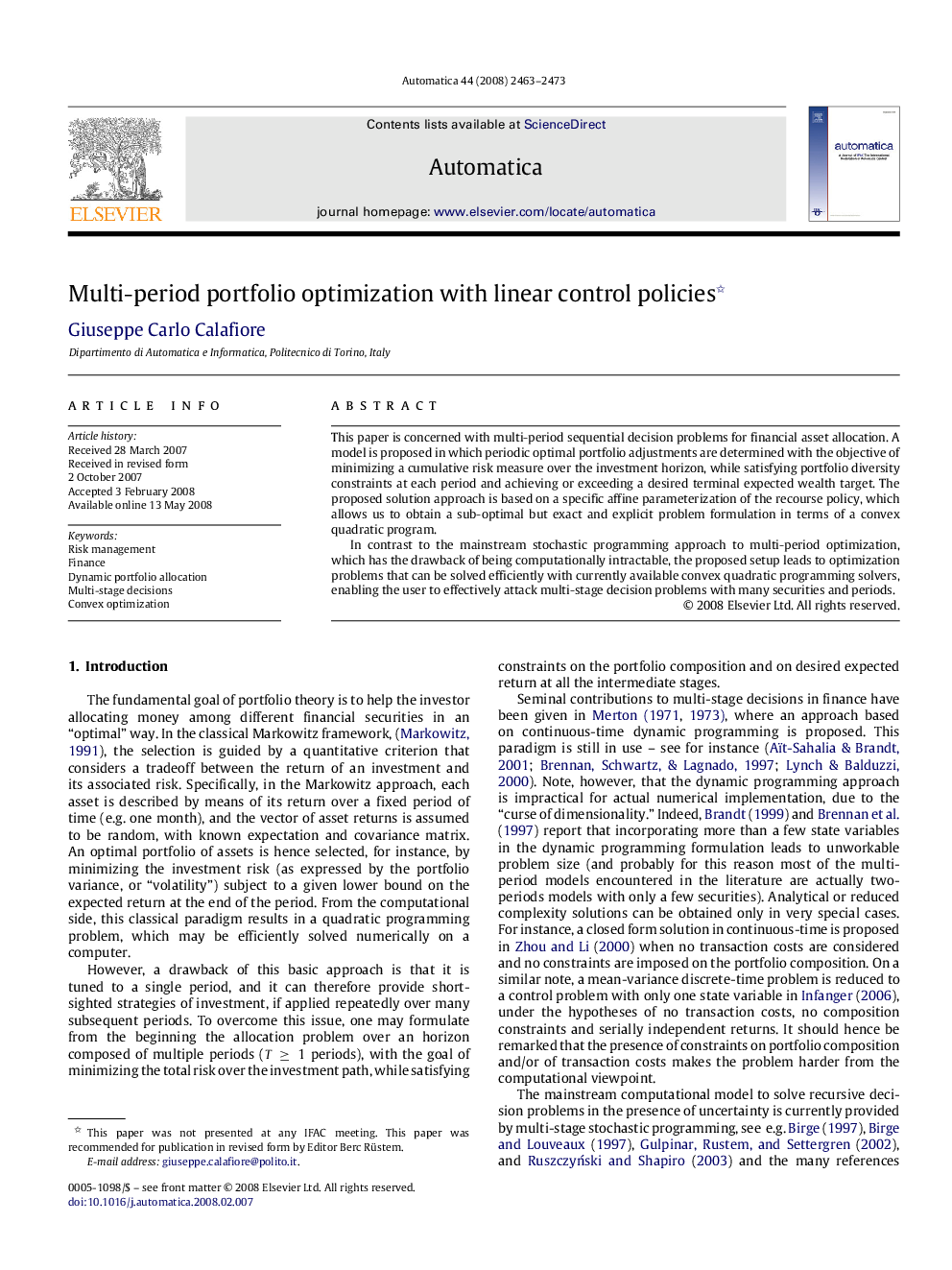 Multi-period portfolio optimization with linear control policies 