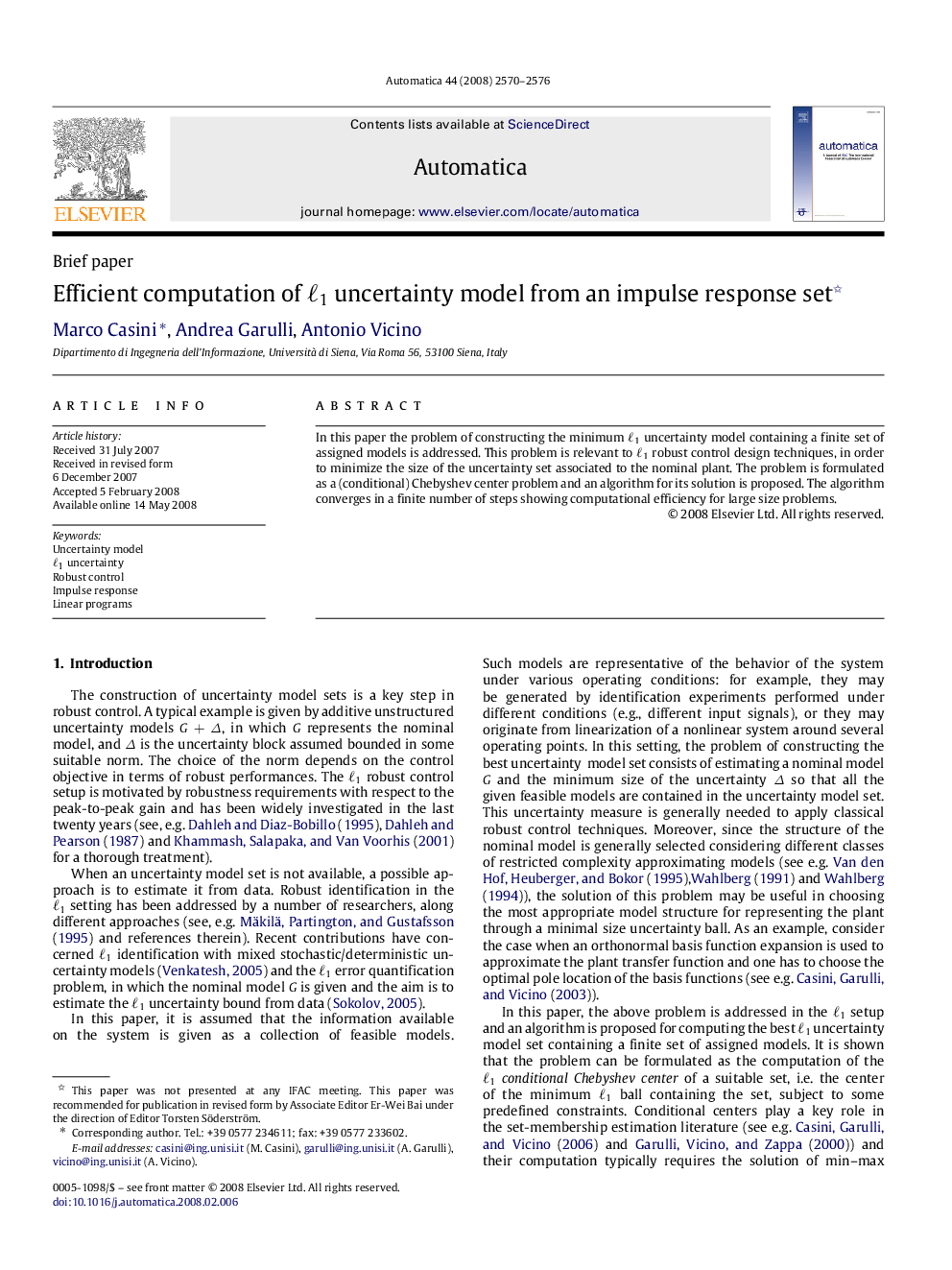 Efficient computation of ℓ1ℓ1 uncertainty model from an impulse response set 