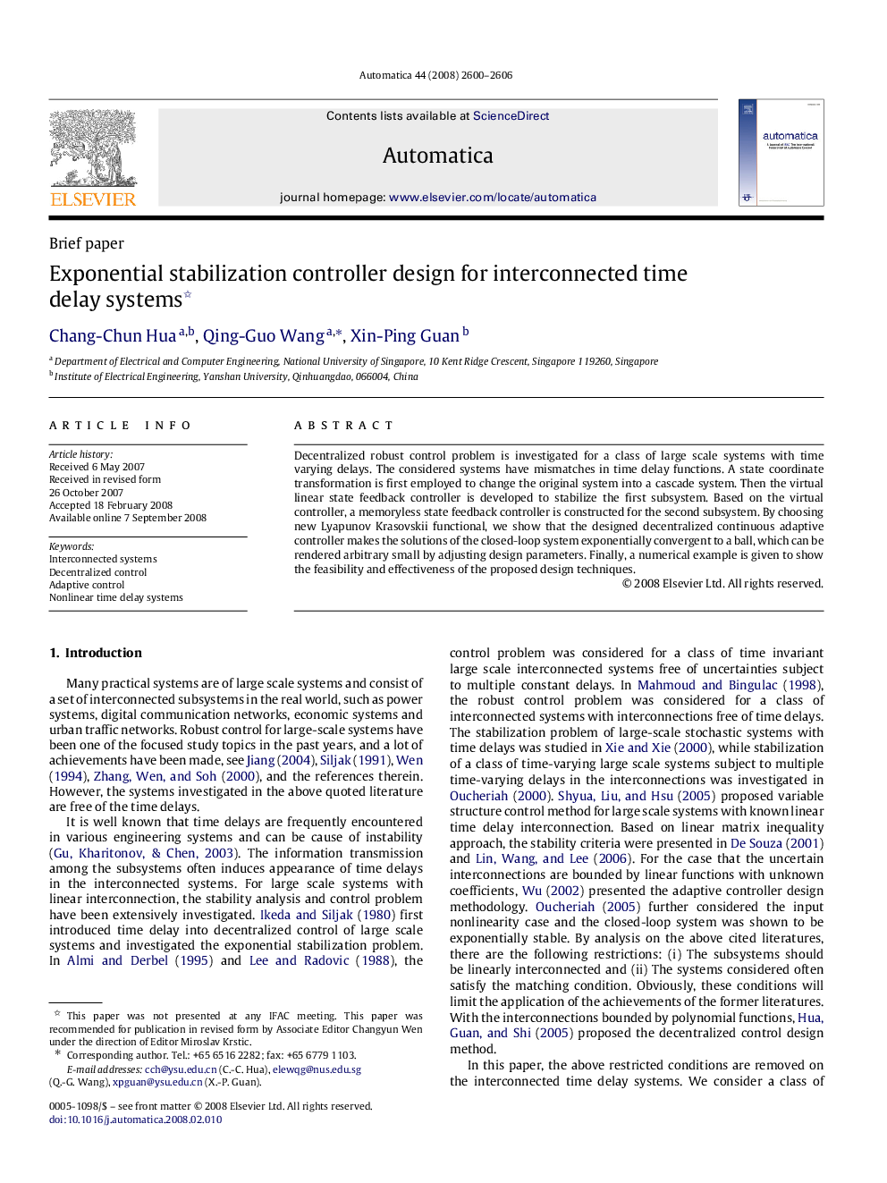 Exponential stabilization controller design for interconnected time delay systems 